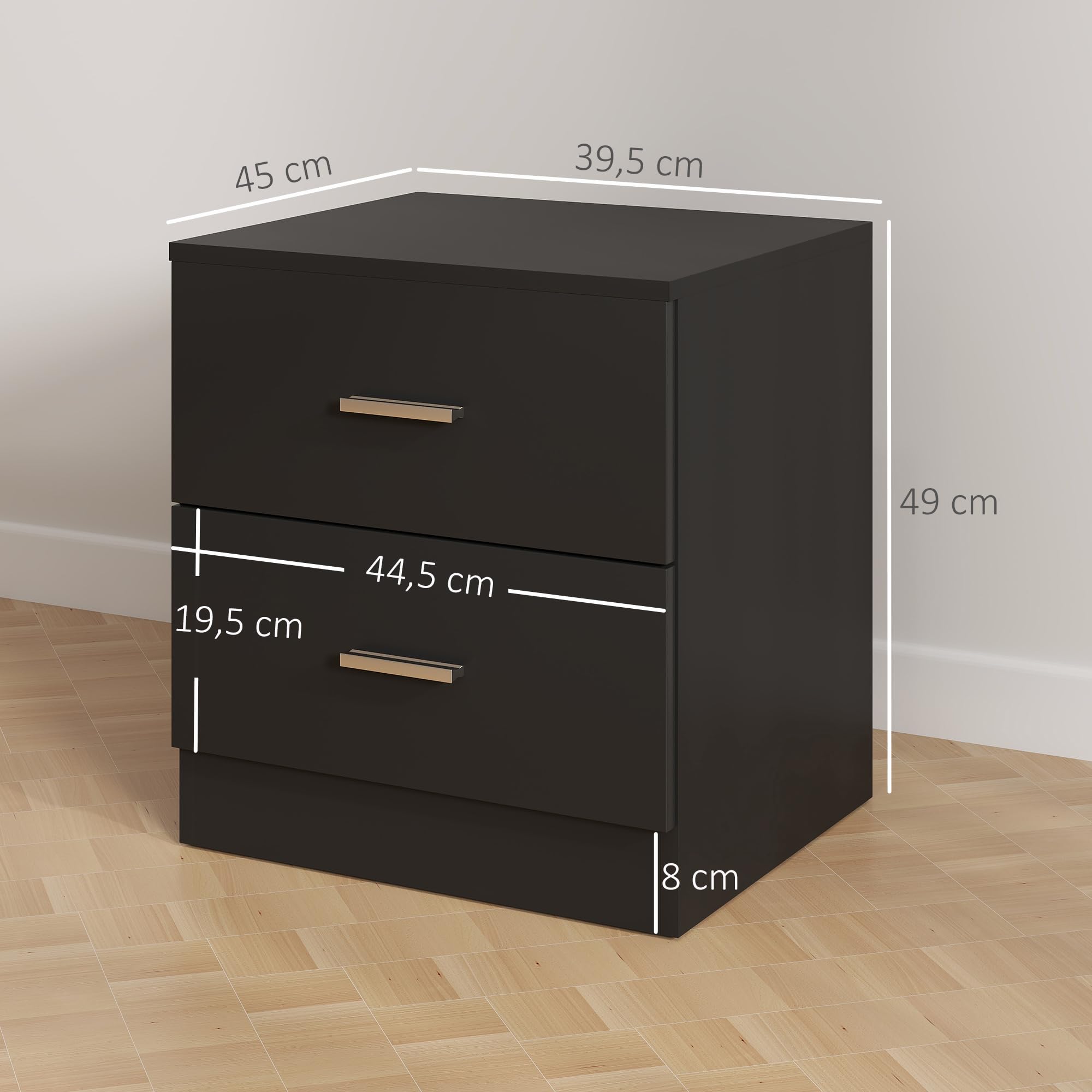 HOMCOM Mesita de Noche Moderna, Mesilla de Noche Dormitorio con 2 Cajones, Mesita Auxiliar para Salón, Dormitorio, Vestuario, 45x39,5x49 cm, Negro