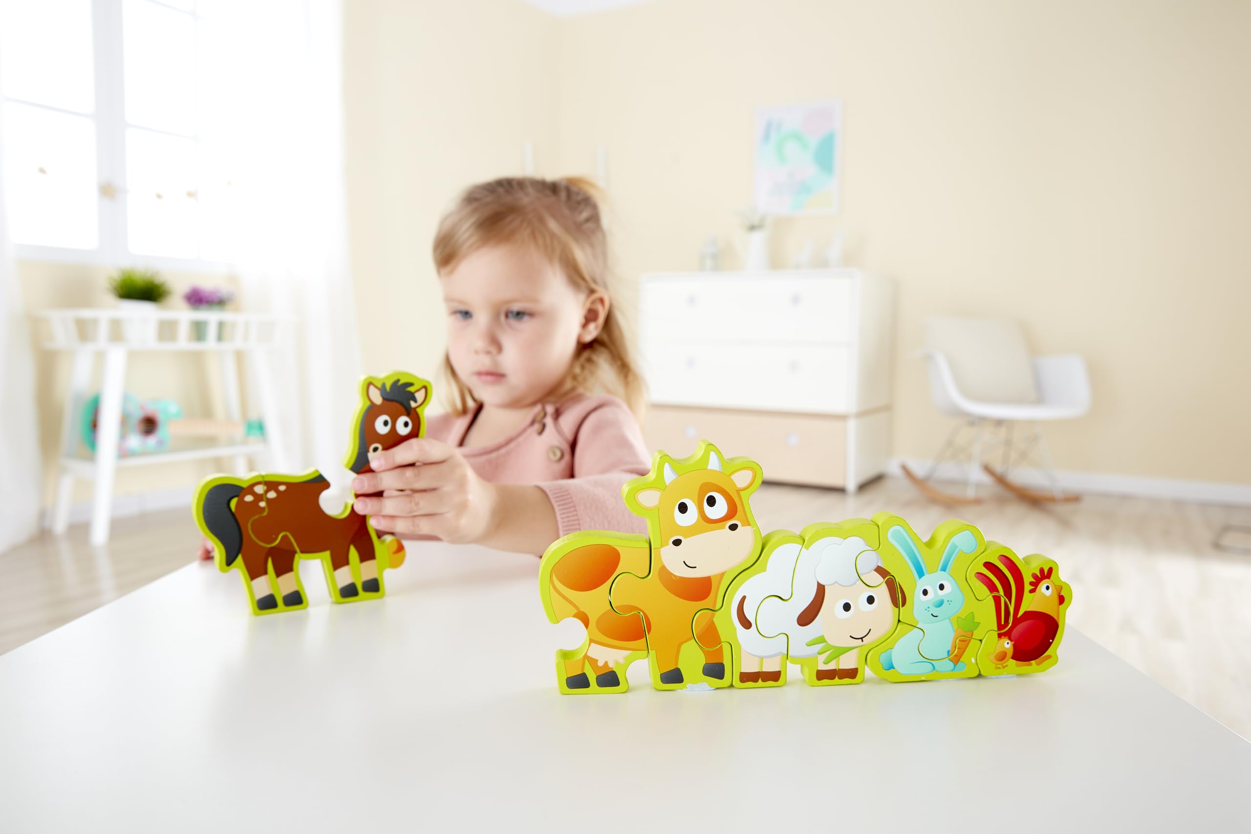 Hape Numbers & Farm Animal Puzzle Double-Sided Wooden Jigsaw Game for Kids 10-Piece, Multi-Coloured