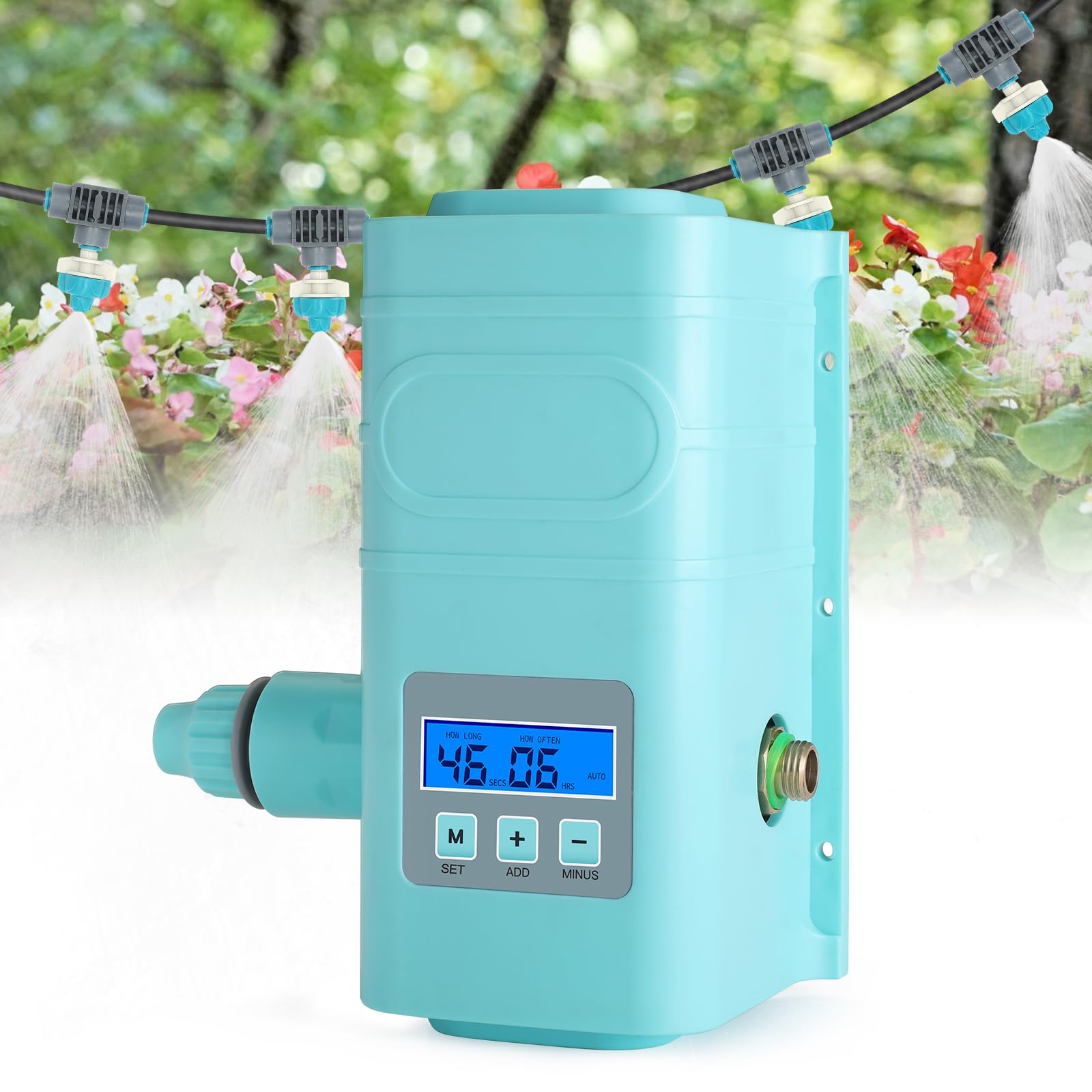 Kit de riego automático por goteo, pantalla LCD, admite 15 boquillas, con varios métodos de instalación para boquillas, sistema de riego automático para plantas, con temporizador