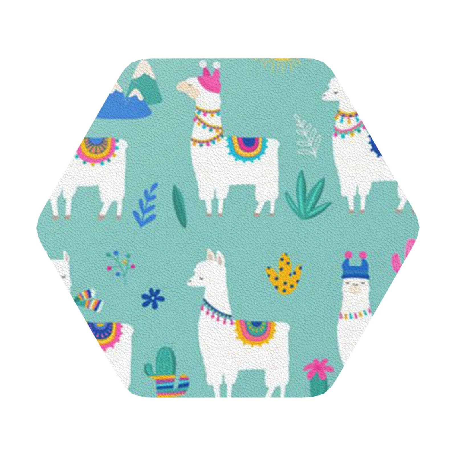 Alpaca Llama PU Leather Coasters Set of 6 Hexagon Drink Coasters
