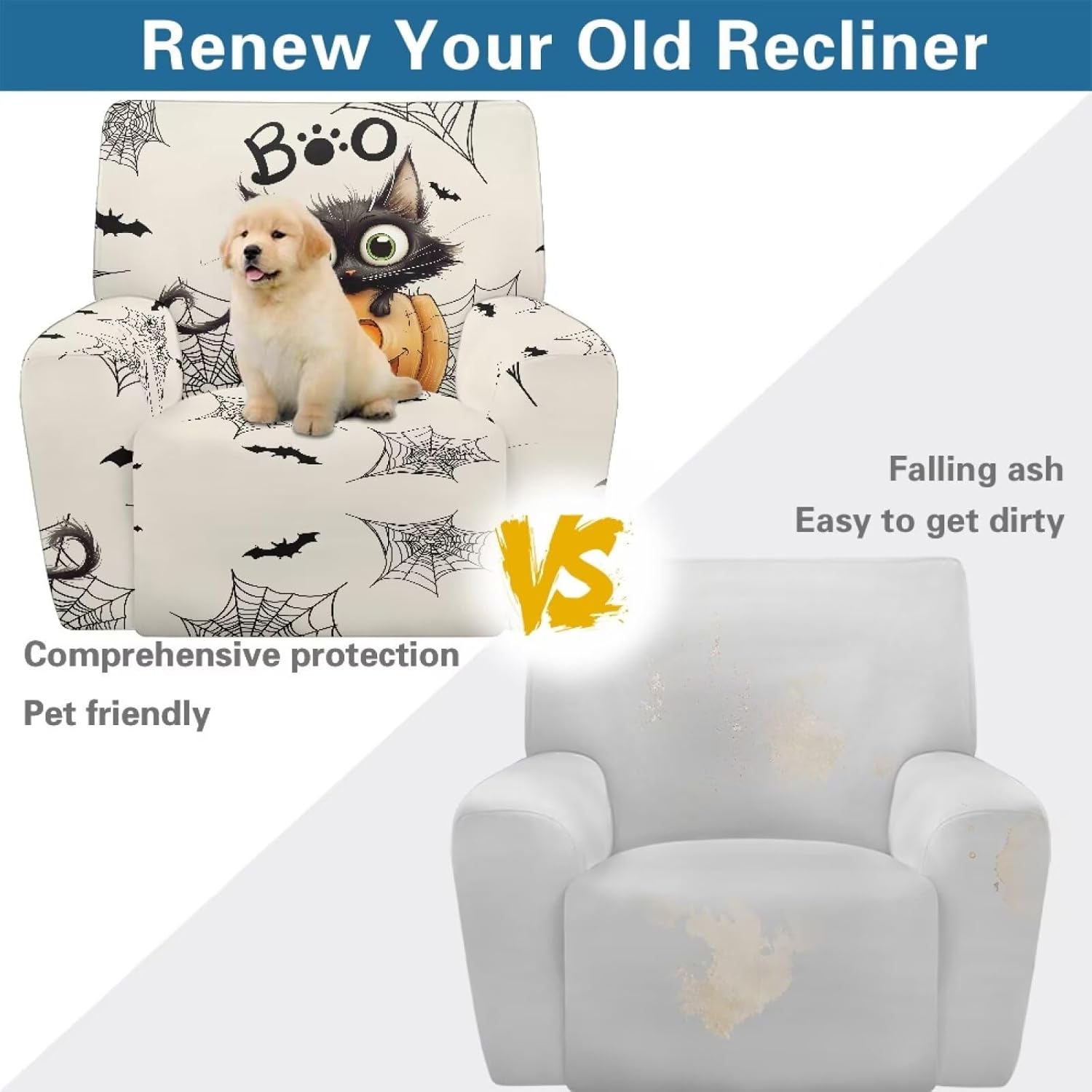FOR U DESIGNS Cat Pumpkin Cute Small Recliner Chair Cover 4 Pieces Stretch Set with Pockets Elastic Non Slip Washable Furniture Protector Stay in Place for Reclining Sofa