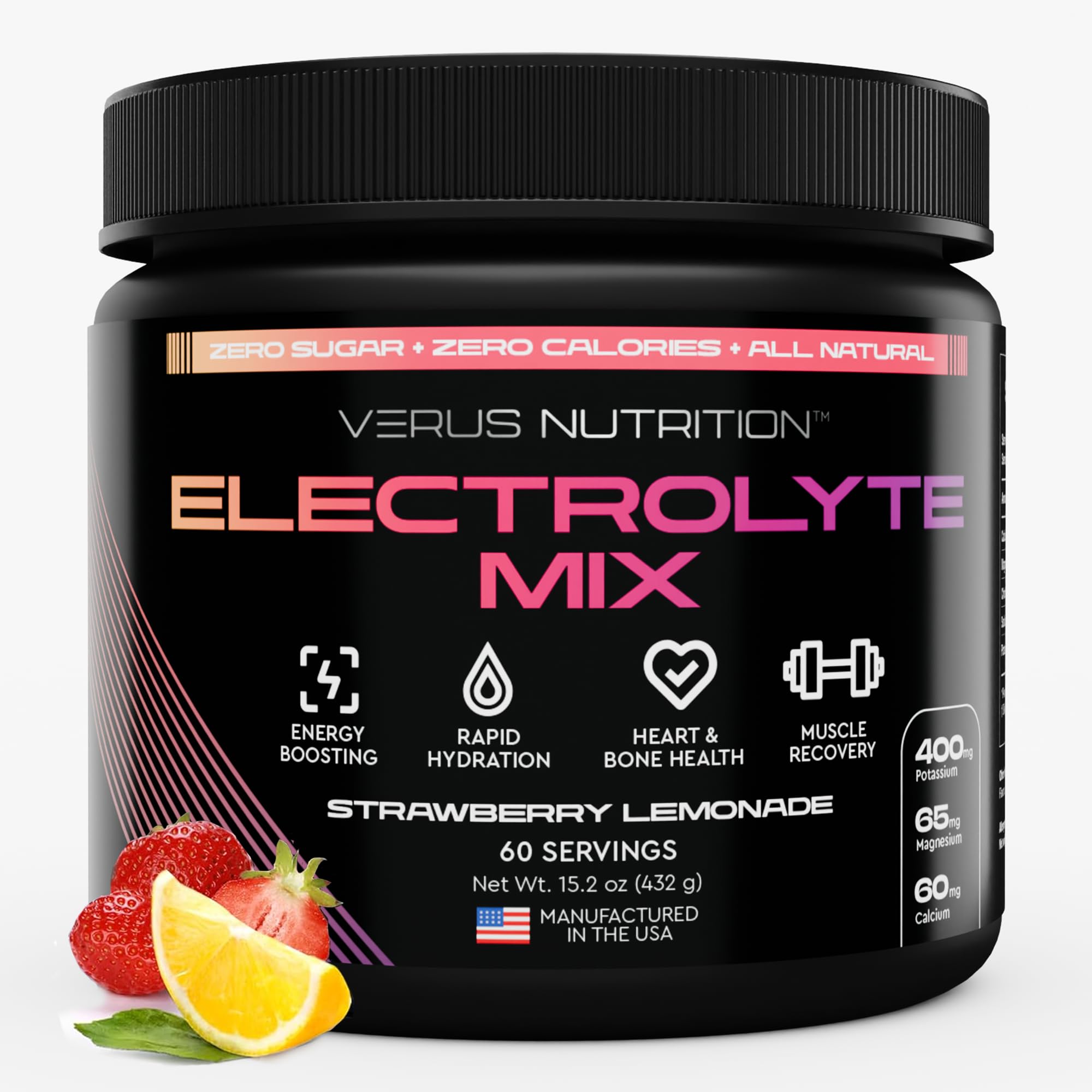 Polvo de electrolitos VERUS NUTRITION sin azúcar - Hidratación sin calorías | Electrolitos sin azúcar para ayuno, dieta cetogénica y vegana | Mezcla de electrolitos con ingredientes naturales para un aumento de energía, 60 porciones