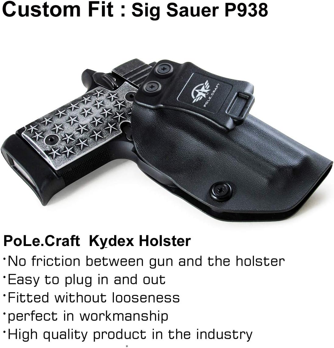 P938 Holster, Kydex IWB Holster Fit: Sig Sauer P938 Pistol Case - Inside Waistband Concealed Carry Holster - Sig P938 Gun Accessories - Adj. Cant Retention - Cover Mag-Button - No Wear - No Jitter