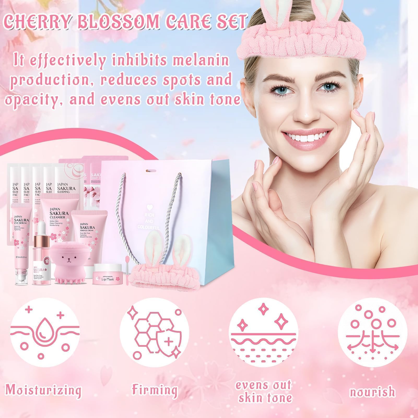 Kit per la Cura della Pelle Sakura 18 Pezzi,Include Detergente,Crema, Siero,Siero per gli occhi,Maschera di fango,Maschera per dormire, Accessori,Set Skincare Viso Completo per Ragazze e Donne