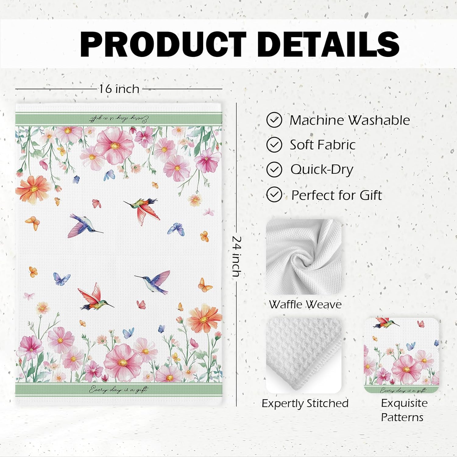Summer Floral Hummingbird Kitchen Towels Set of 2, Spring Wildflower Butterfly Watercolor Dish Hand Tea Towels, Bird Flowers Decorative Towel for Bathroom Kitchen, 16x24 Inch - Image 7