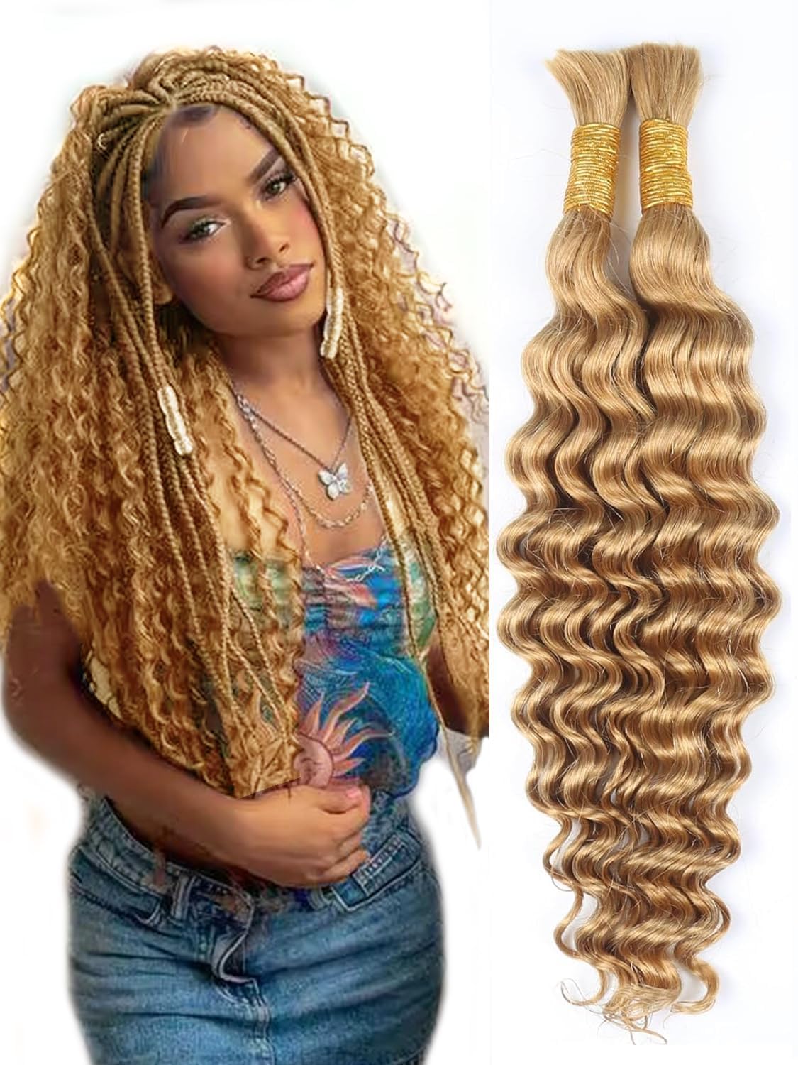 Human Braiding Hair for Boho Braids Human 100g 16 Inch Curly Boho Hair for Braiding Knotless 12A Deep Water Wave Bulk Bohemian 2 Bundles/Pack #27 Honey Blonde No Weft Bundles