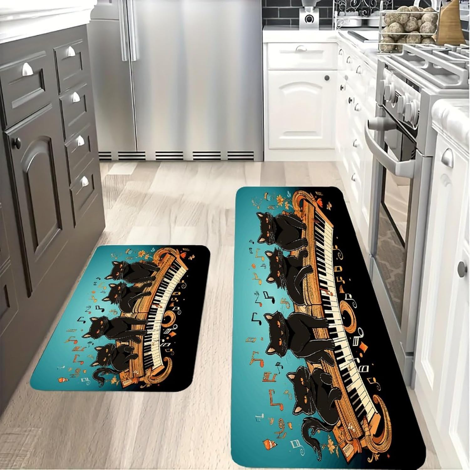 Four Black Cats Lying on The Piano Keyboard Kitchen Mat Washable Non Slip Rugs Soft Kitchen Mats for Floor Set of 2 PCS Cushioned Absorbent Runner Standing Rugs for Home Sink Laundry Office