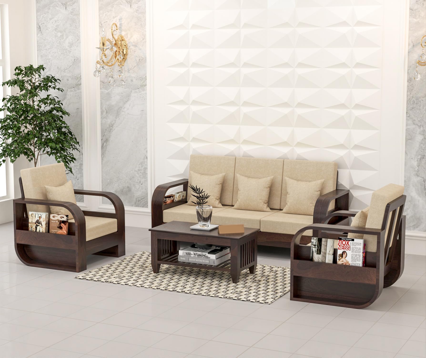 ONIJA Sheesham Wood 5 Seater Sofa Set for Living Room Home Office Solid Wood Sofa Set Furniture Wooden Five Seater Sofa Set (Light Walnut Finish)