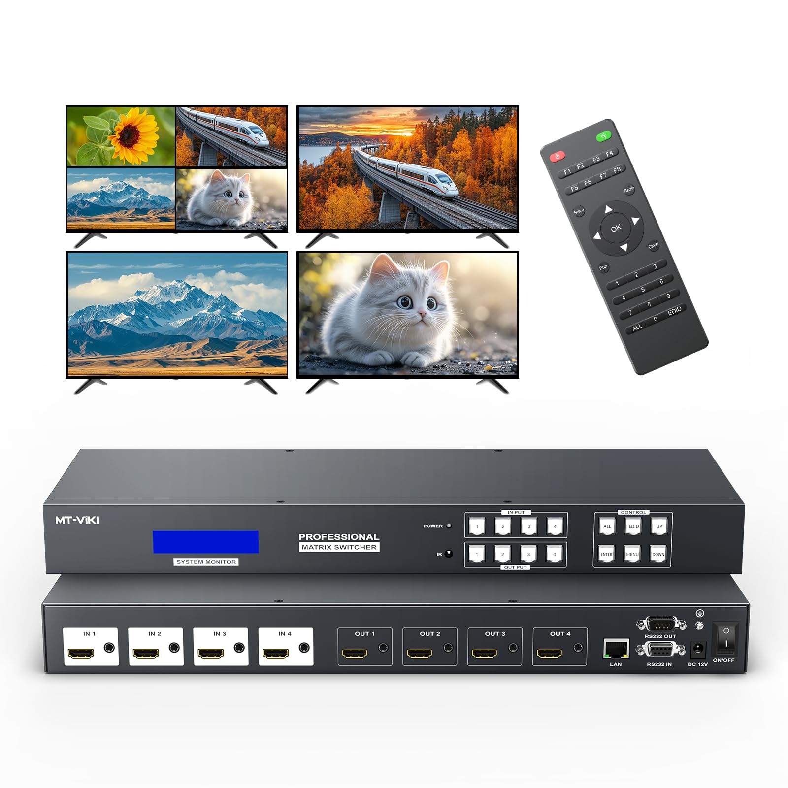 MT-VIKI 4K30Hz Seamless HDMI Matrix Switcher 4x4, Video Wall Controller 2x2 &amp; Multiviewer w/PIP+ 3.5MM Audio, Rack Mount HDMI Matrix Switcher Splitter w/Web GUI