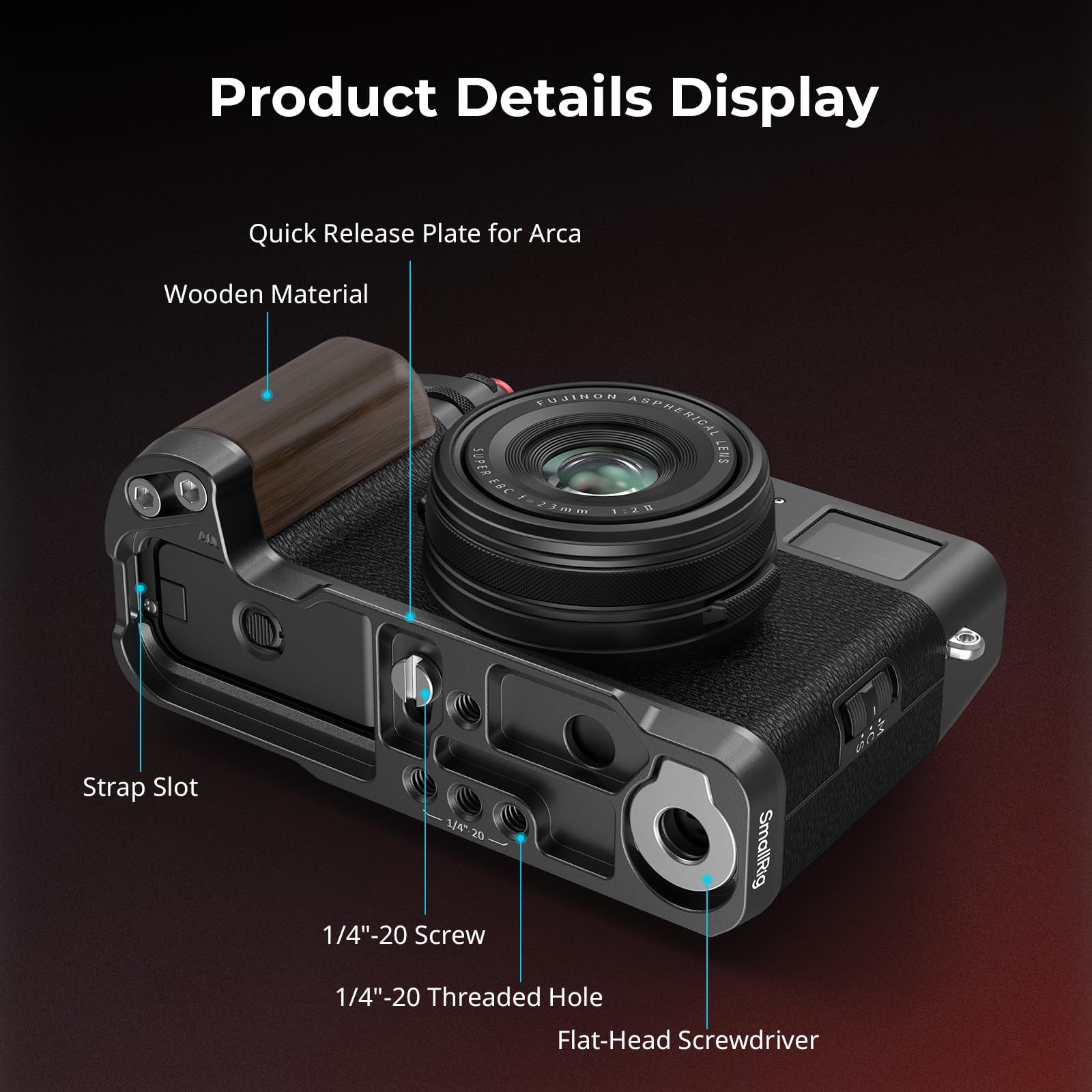 SMALLRIG Handgrip, poignée en Bois en Forme de L pour Appareil Photo FUJIFILM X100VI / X100V, Plaque de déclenchement Rapide intégrée pour Arca, avec obturateur et Couvercle de Sabot, Argent - 4805