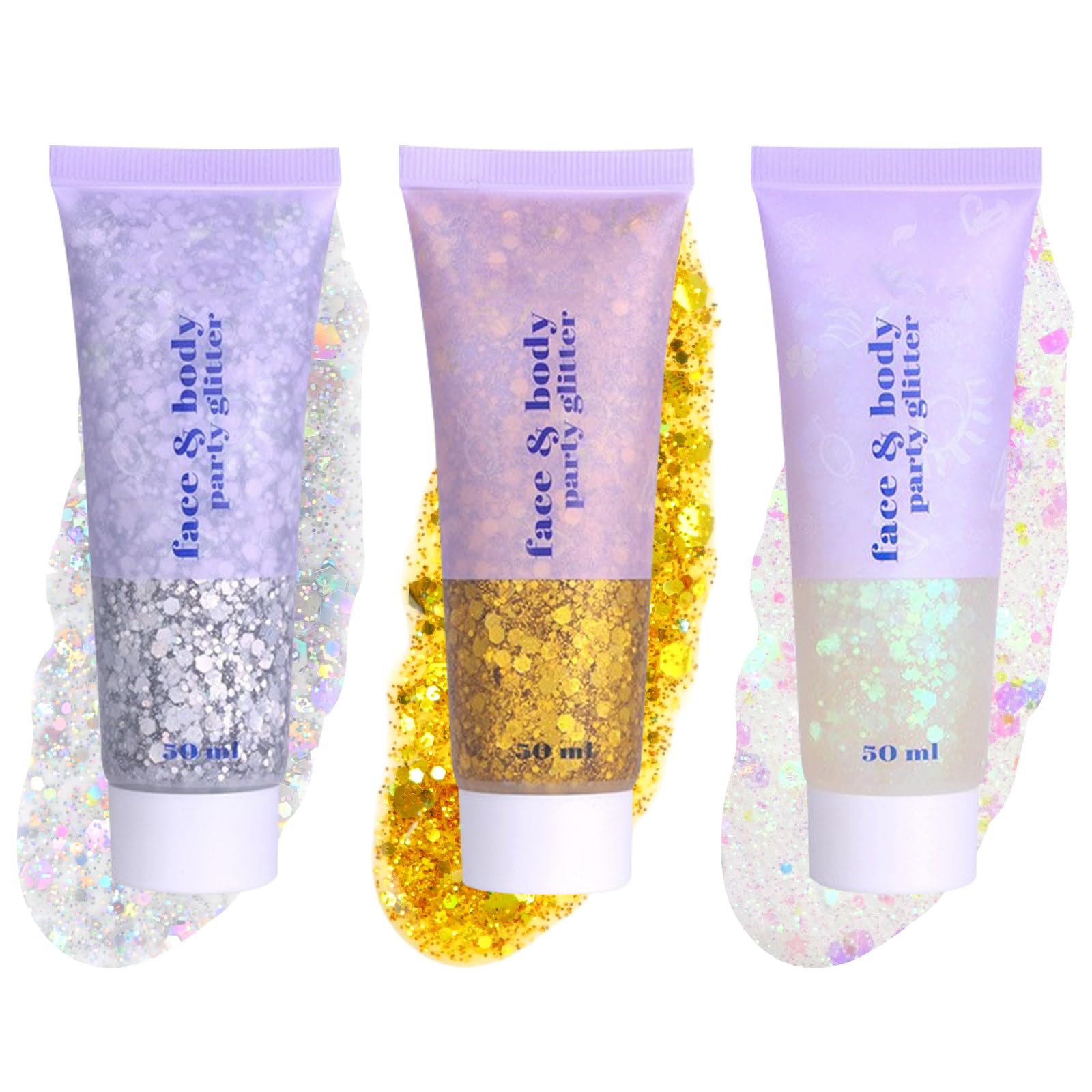 Sularpek 3 Colores Purpurina para el Pelo, 50g Gel Purpurina Cara, Gel de Purpurina Corporal para Halloween Festival Masquerade Cumpleaños