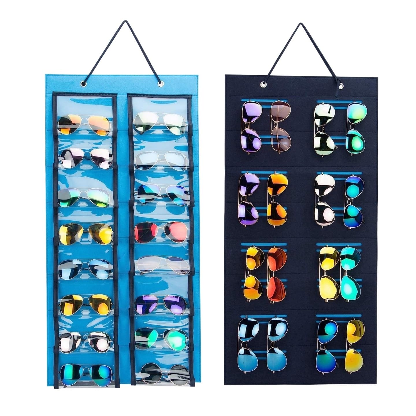 Porta Occhiali Portaocchiali Organizer Portaocchiali da Sole Bifacciale da Appendere, Tasca da Parete Espositore Occhiali(Blue+Black)