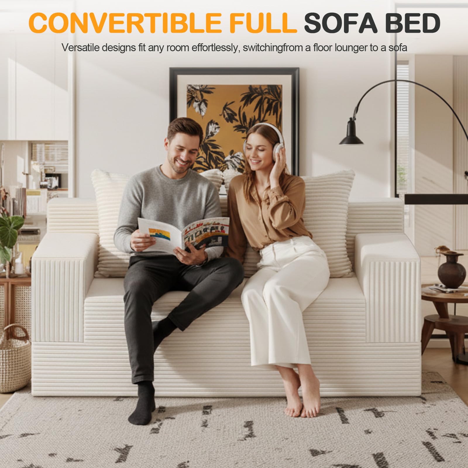 Erament Convertible Sofa Bed, Loveseat Folding Floor Futon Sleeper Sofa Couch Bed- Boneless Foldable Couch, Corduroy Pull Out Sofa Bed with 2 Pillows for Living Room & Bedroom