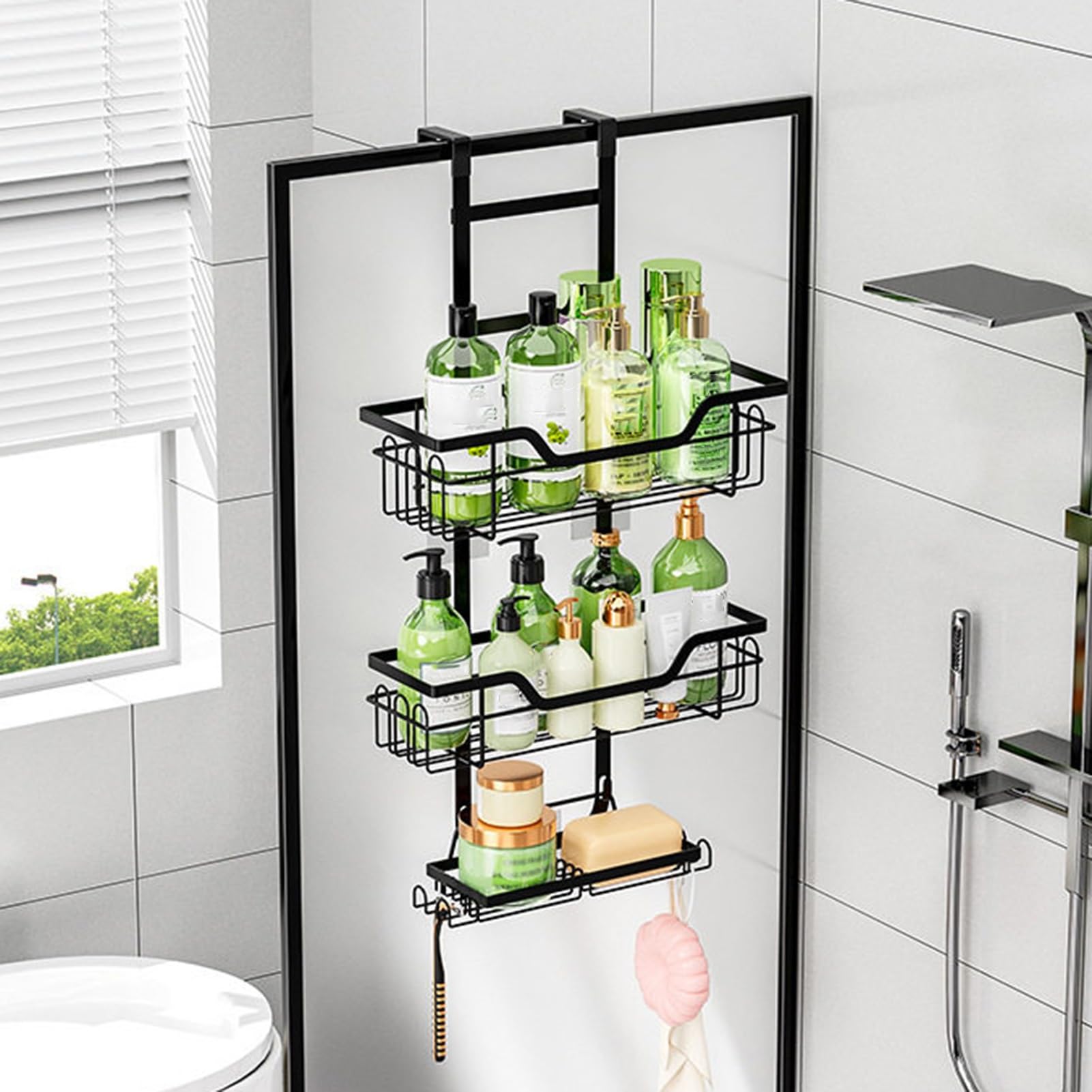 Organizzatore da Porta, 3 Ripiani con cestini sospesi | Organizer da Appendere alla Porta con Tasche e Ganci, per Camera da Letto e Bagno