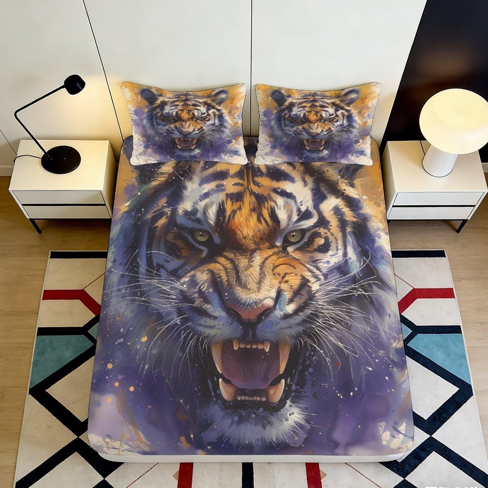 Pnayamiorkfel Style-3 3D Printed Roaring Tiger Fitted Sheet Microfiber Soft Anti-Slip Animal Bed Cover For Bedroom Dorm Mattress Protection Decor 90X200x25cm