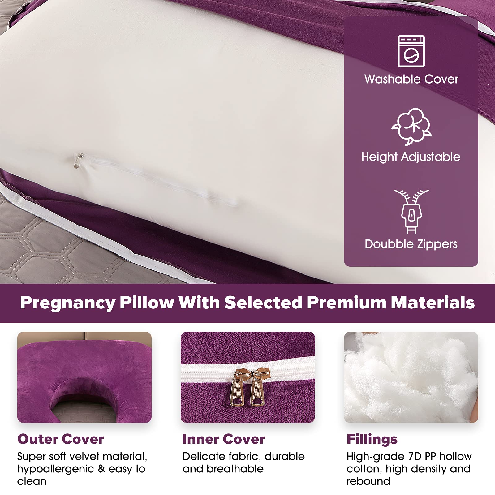 Elover Almohadas de embarazo, almohada de cuerpo completo en forma de U para apoyo al dormir, almohada de maternidad de 57 pulgadas para mujeres embarazadas con funda extraíble (terciopelo, morado