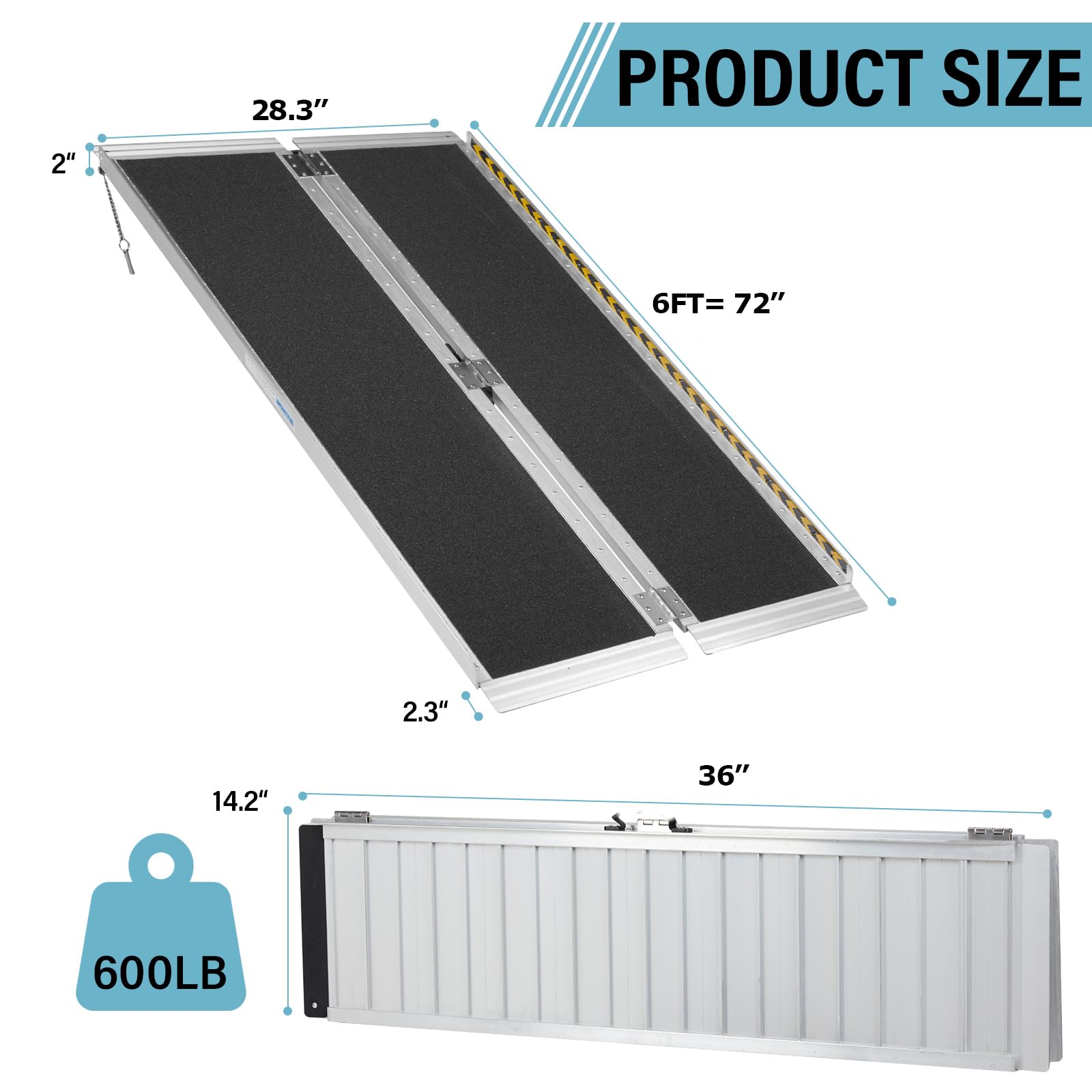 MOTORHOT 6ft Portable Wheelchair Ramp Non-Slip Aluminum Folding Handicap Home Steps Scooter Door Threshold Ramp for 6 inch -18 inch Step Heights 600 lbs Capacity 28in Wide Single Fold Ramp