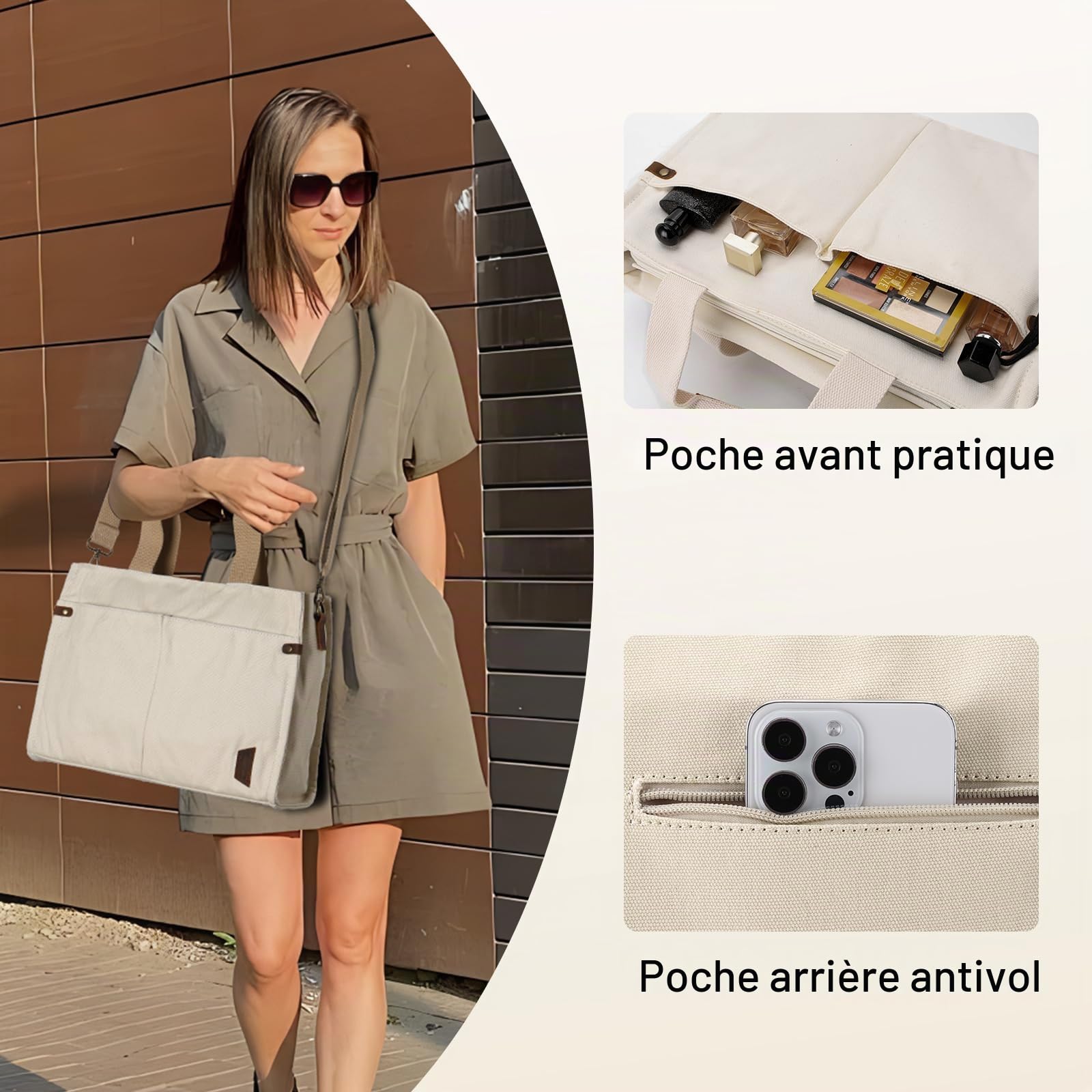 VASCHY Sac Cabas Femme en Toile, à Fermeture Zippée, Multi-poches, Bandoulière Amovible et Réglable