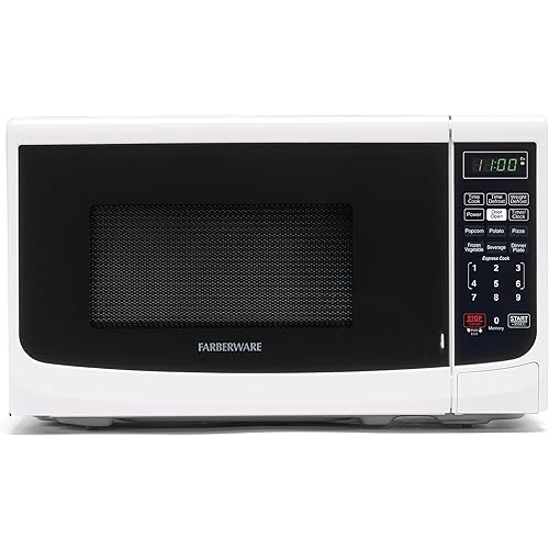 Farberware 0.7 Cu. Ft. Countertop Microwave Oven – 700 Watts Power, Auto Cook Settings, Defrost, Easy Clean and Child Safety Lock - White