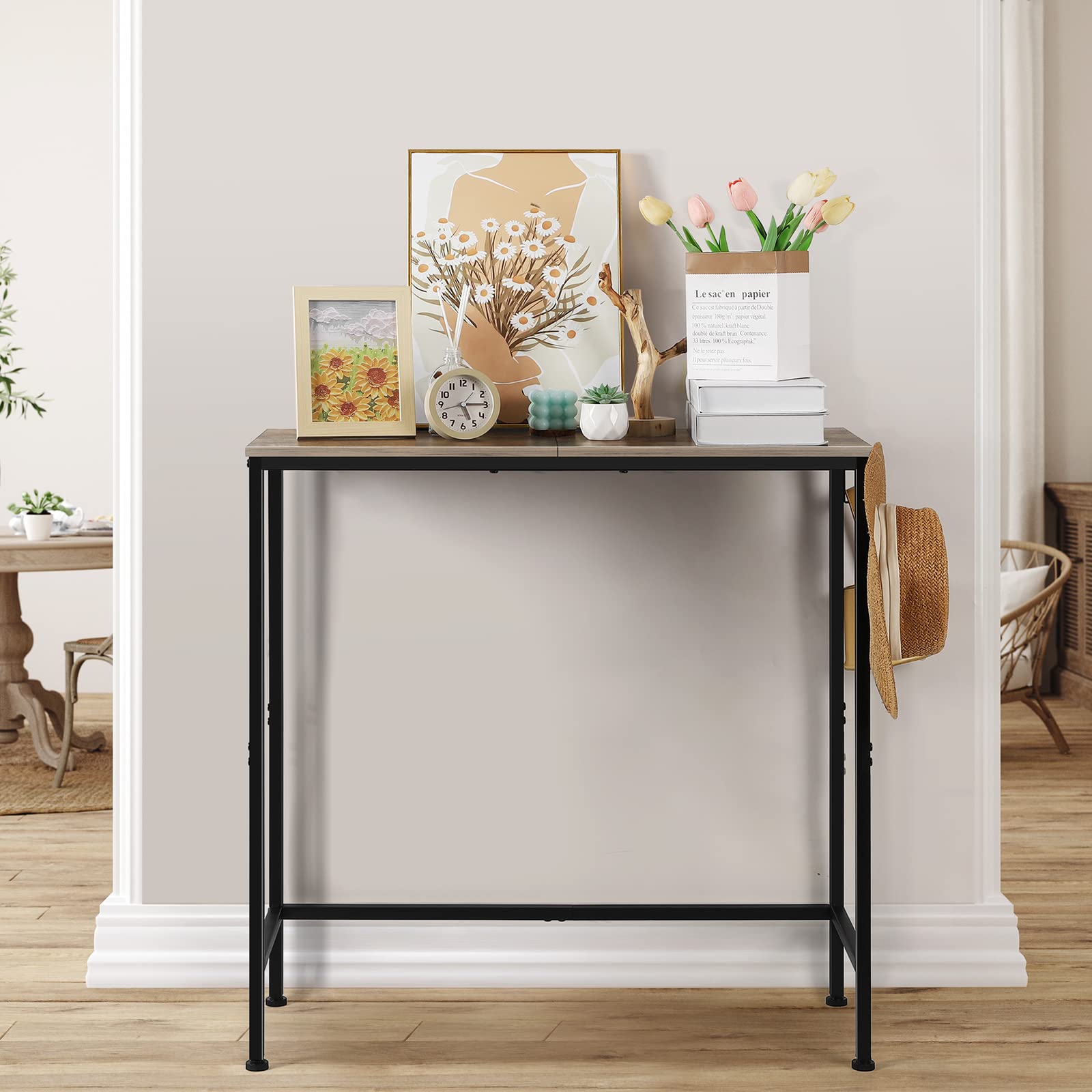Mesa consola para entrada, mesa de sofá larga estrecha de 31.5 pulgadas, mesa de entrada pequeña con ganchos, mesa de pasillo delgada de metal, mesa de sofá detrás del sofá para sala de 5