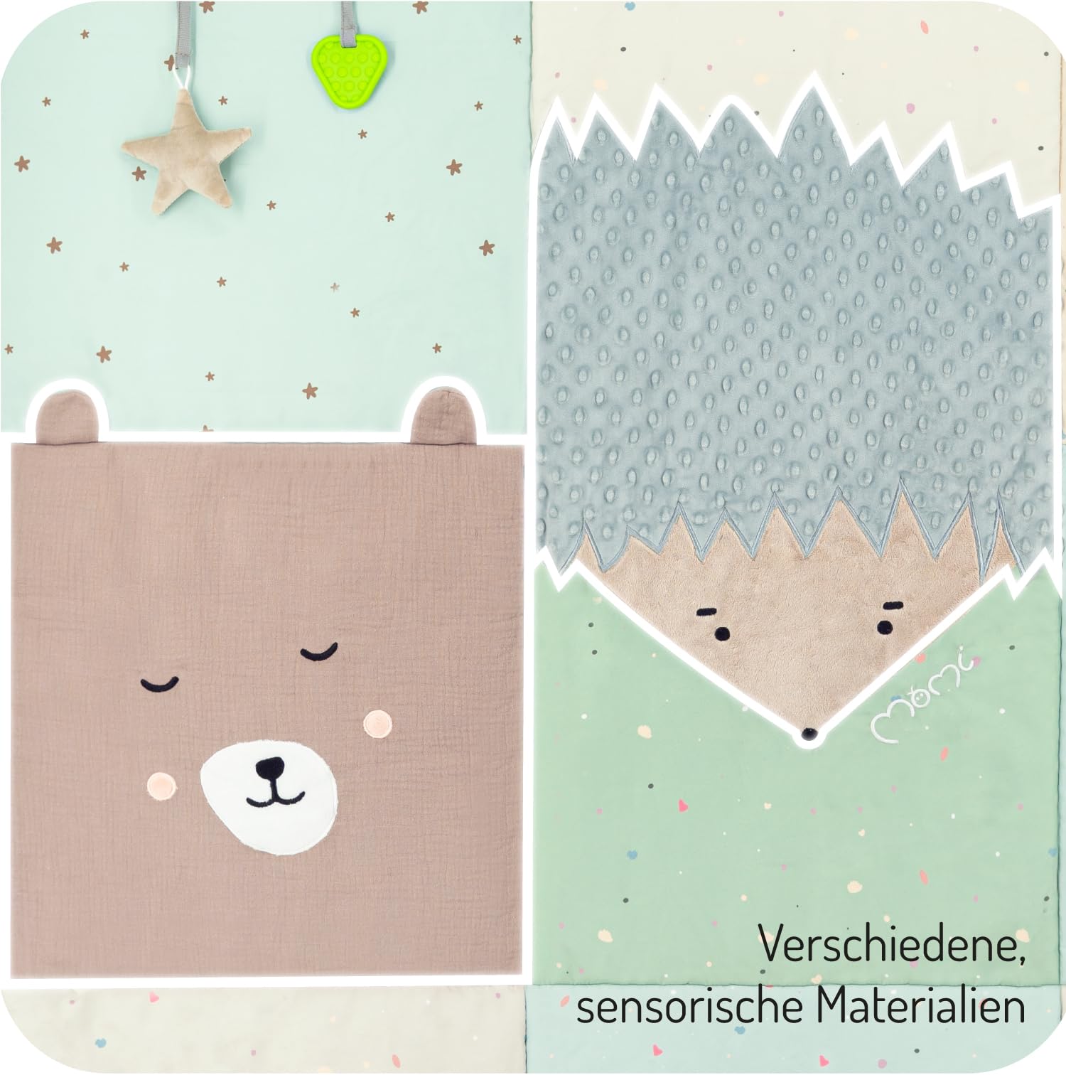 Momi Sensorische Patchwork-Matte VOLPI für Babys und Kleinkinder 120 x 160 cm, Spielmatte und Krabbeldecke für Mädchen und Jungen, faltbar zu einer Tasche mit Tragegriffen
