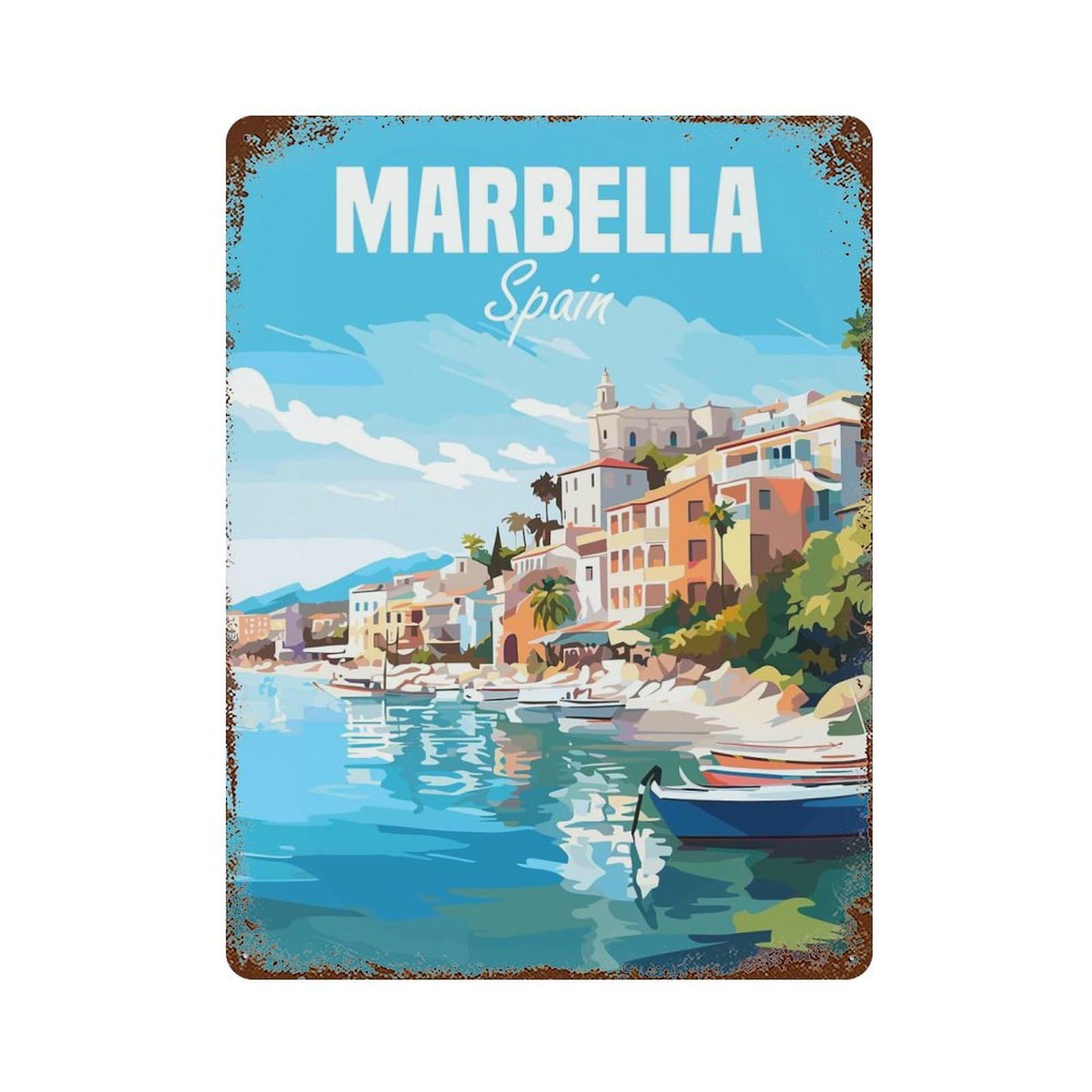 Marbella Spain Travel Weathered Tin Sign 15.7"x11.8", Classic Wall Plaque for Garage, Bar And Workshop Decor