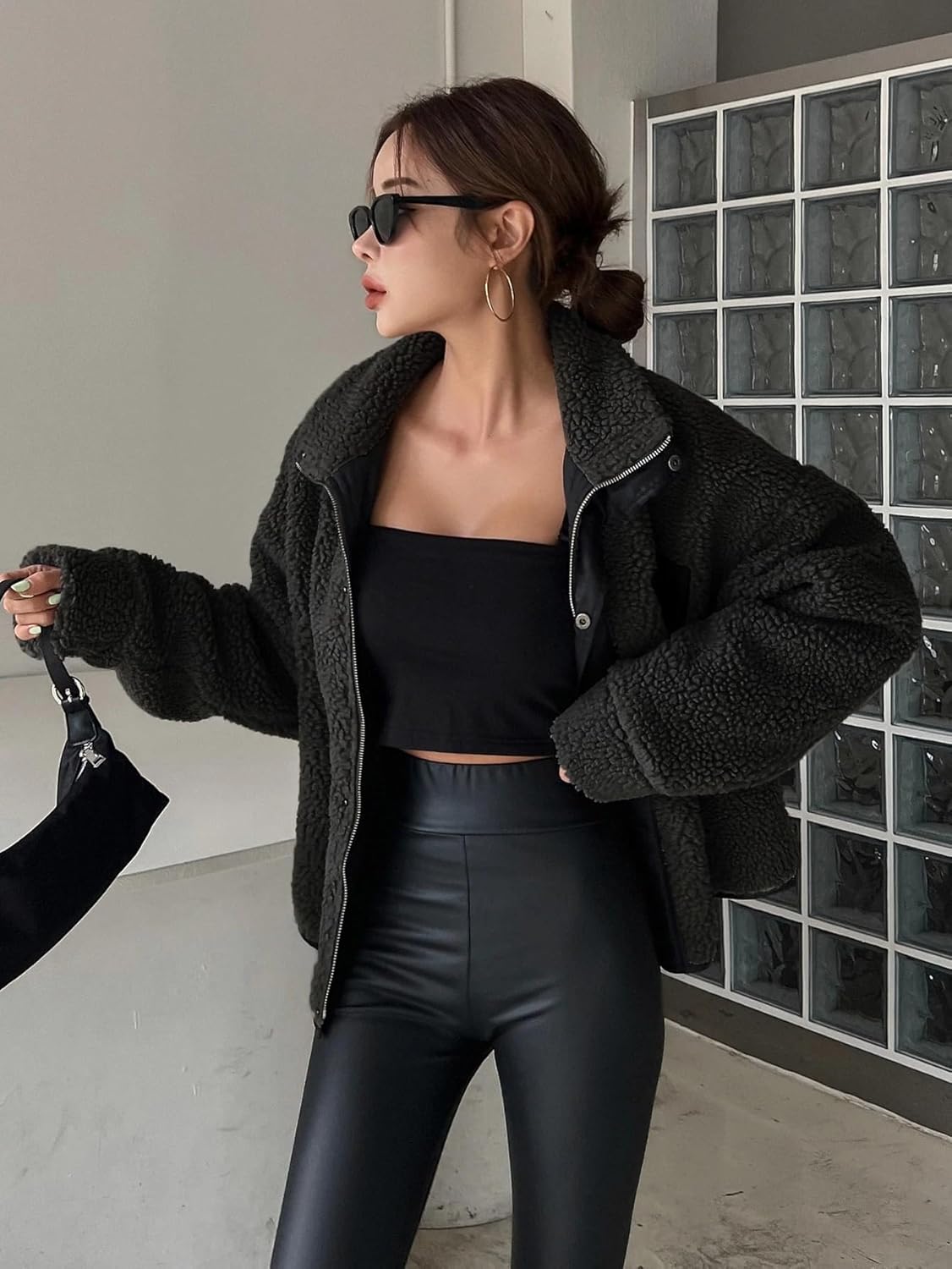 Women's Trench Coat Casual Button Zip Up Drop Shoulder Teddy Jacket Long Sleeve Classic Overcoat