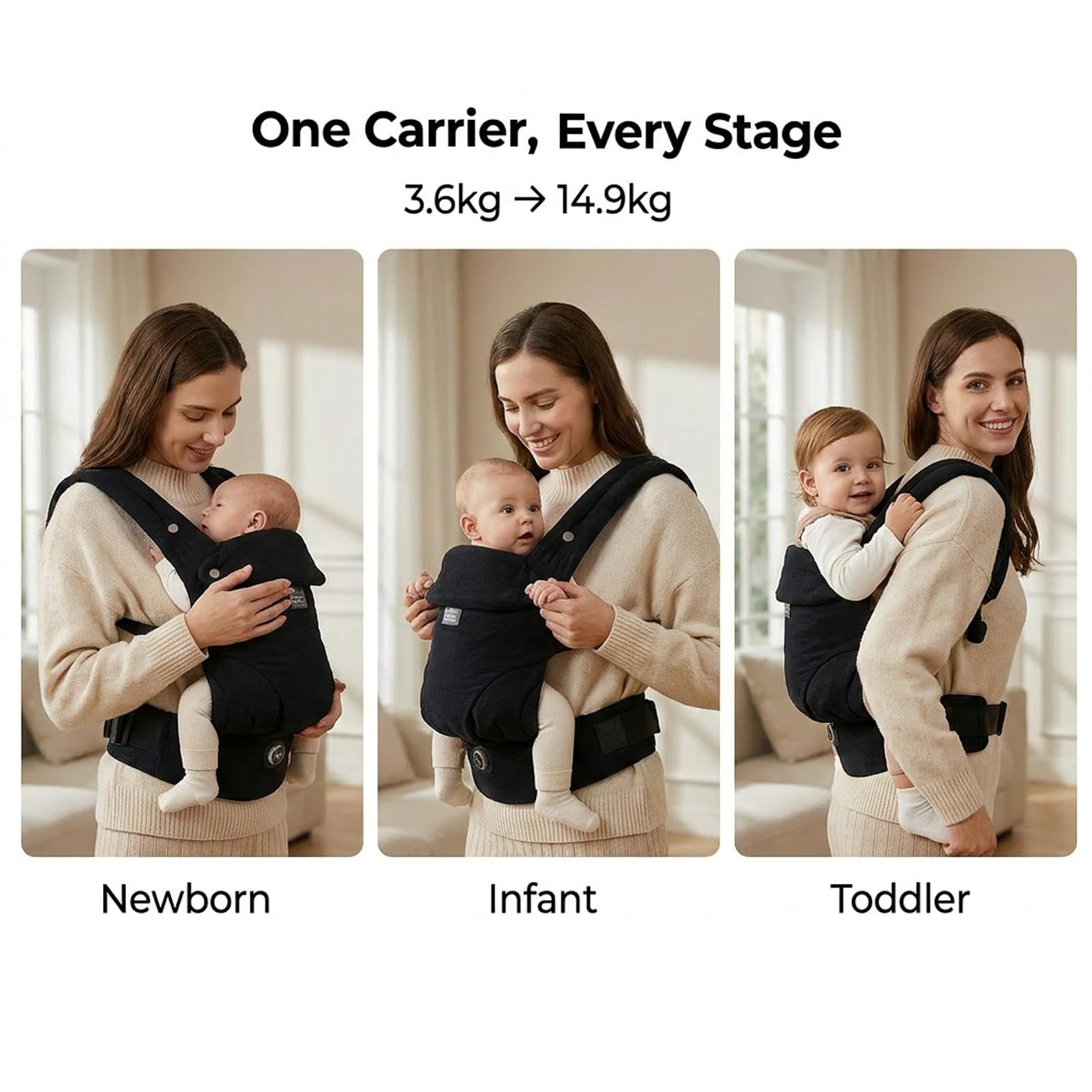 Bebamour Marsupio per bambini da 3,6 a 14,9 kg, ergonomico, confortevole, in cotone, anteriore e posteriore, beige