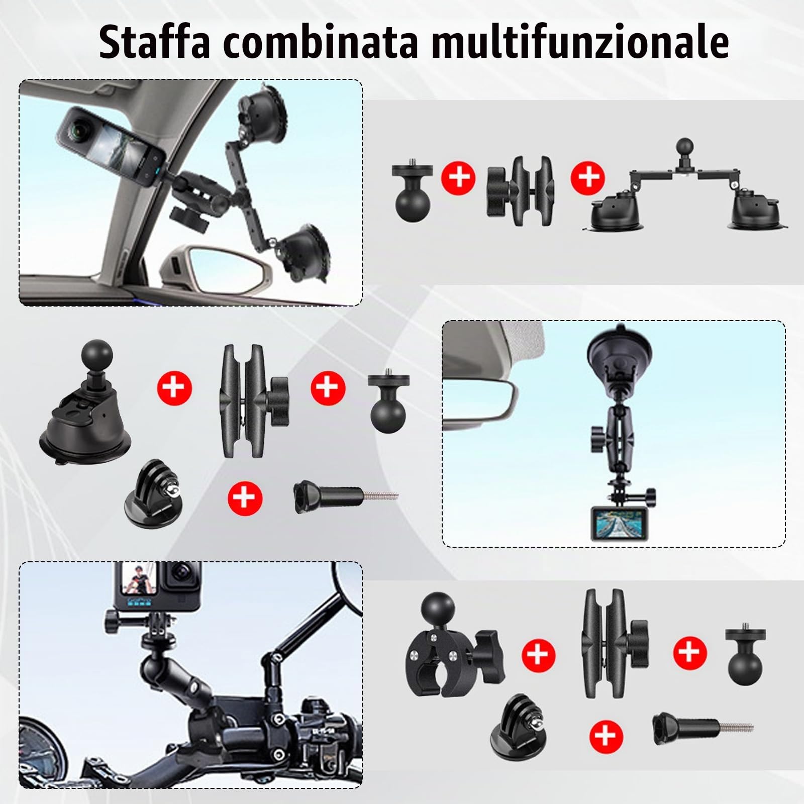 Set Di Supporto Per Auto Con Tripla Ventosa, Supporto Per Auto Con Tripla Ventosa E Morsetto Per Insta360 Gopro Akaso Action Camera Supporto Per Selfie Stick Retrattile Da 28-112 Cm Con Braccio Magico
