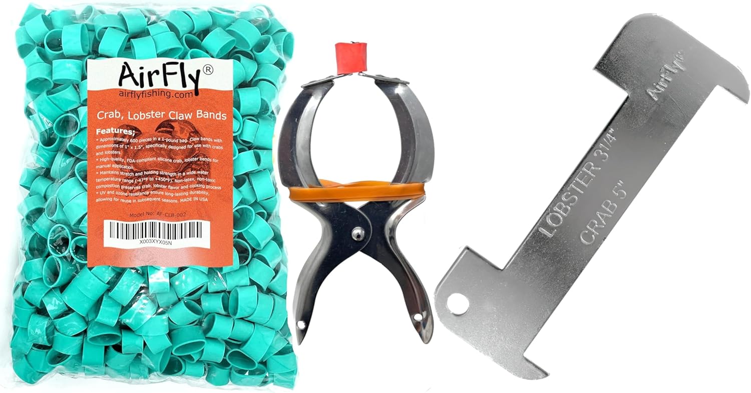 AirFly Crabbing Compliance and Safety Kit: Aluminum Lobster & Blue Crab Gauge + Claw Rubber Bands – Ensure Legal Size and Safe Handling