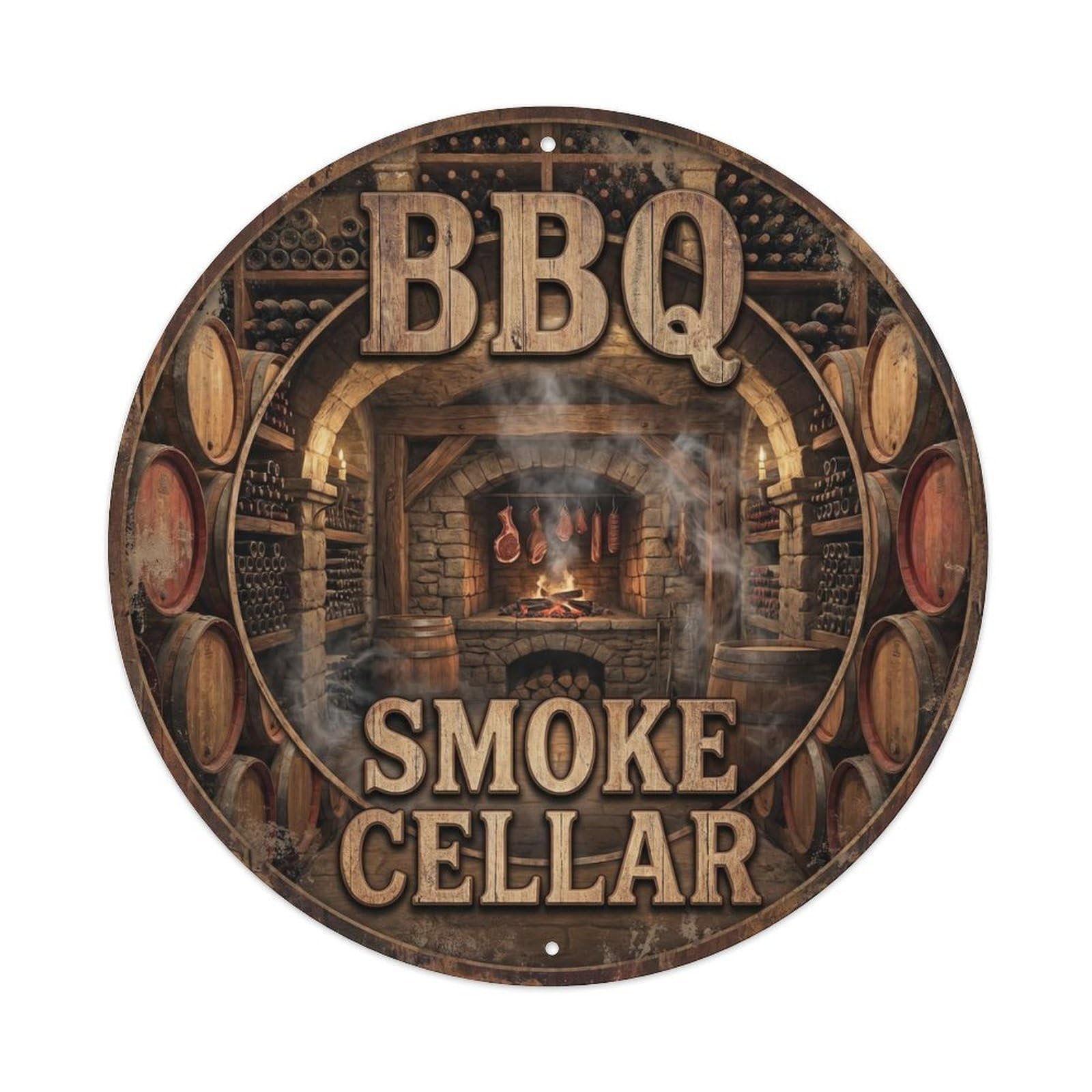 BBQ Barbecue Smoke Cellar Vintage Metal Tin Sign Plaque Wall Decor for Cafe, Club, Garden Round Metal Poster 8x8Inch