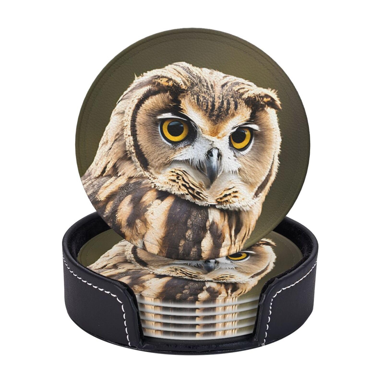 Coasters Set of 6 Microfiber PU leather Coasters with Holders for Drinks Coffee Bar Accessories, House Apartment Coffee Table Decor, Housewarming Gifts - outdoor owl