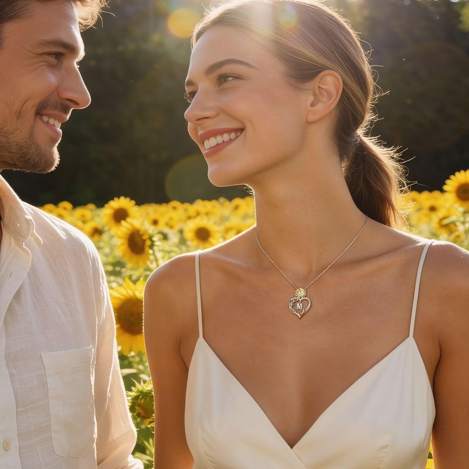 MONOOC Graduation Gifts for Women Her - Sunflower Gifts for Women Sunflower Necklace 14K-White-Gold-Plated Heart Initial Necklaces Anniversary Birthday Graduation Gift for Woman Jewelry