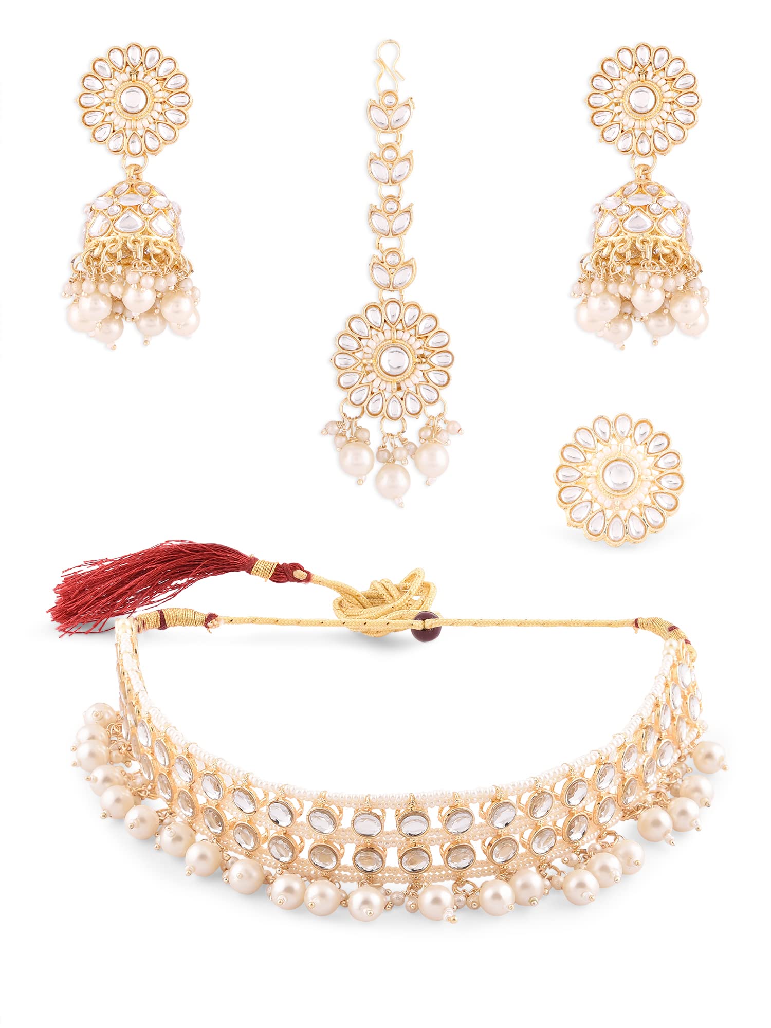ZAVERI PEARLS Gold Tone Kundan & Pearls Choker Necklace Earring Maangtikka & Ring Set For Women-ZPFK14414 (B0B6RLHVLG) Amazon Price History, Amazon Price Tracker