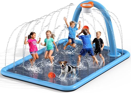 Almohadilla de salpicaduras para niños y perros, 102 x 87 pulgadas, grande, juguetes de agua con aro de baloncesto, alfombrilla gruesa