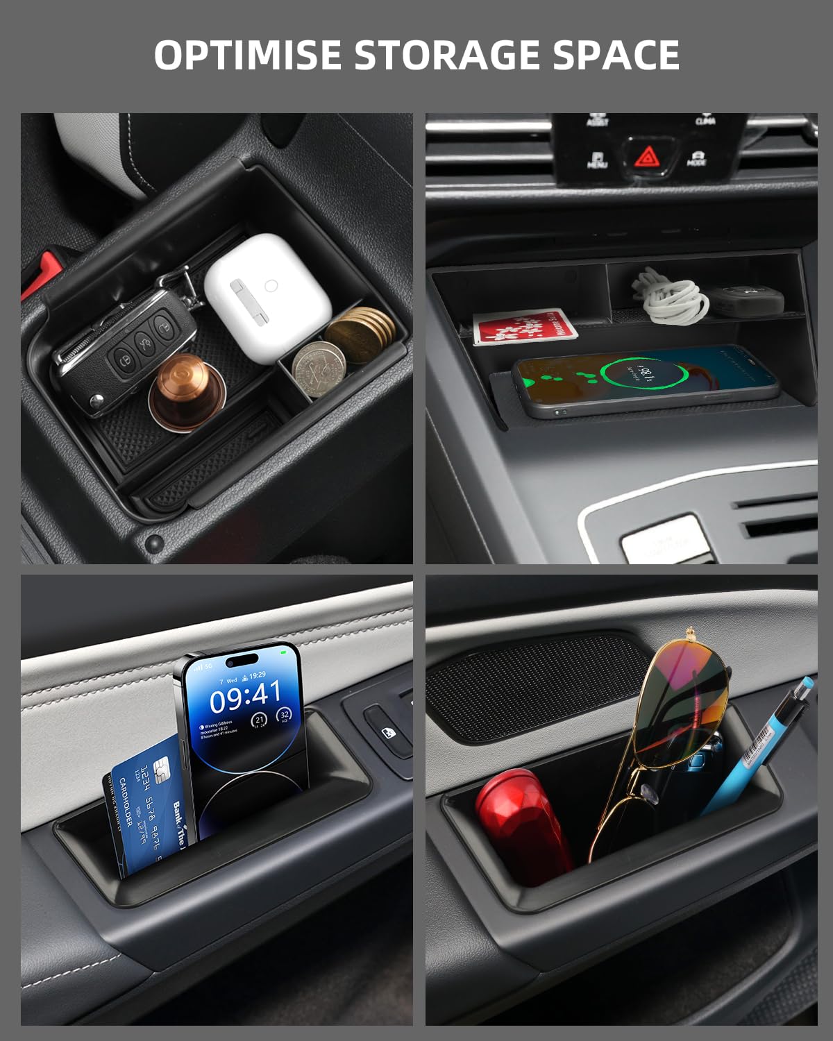 Armlehne Aufbewahrungsbox für VW Golf MK8 2025 2024 2023 2022 2021 2020, Mittelkonsole Organizer mit Antirutschmatten für VW Golf 8, Vorne Türgriff Aufbewahrungsbox Zubehör