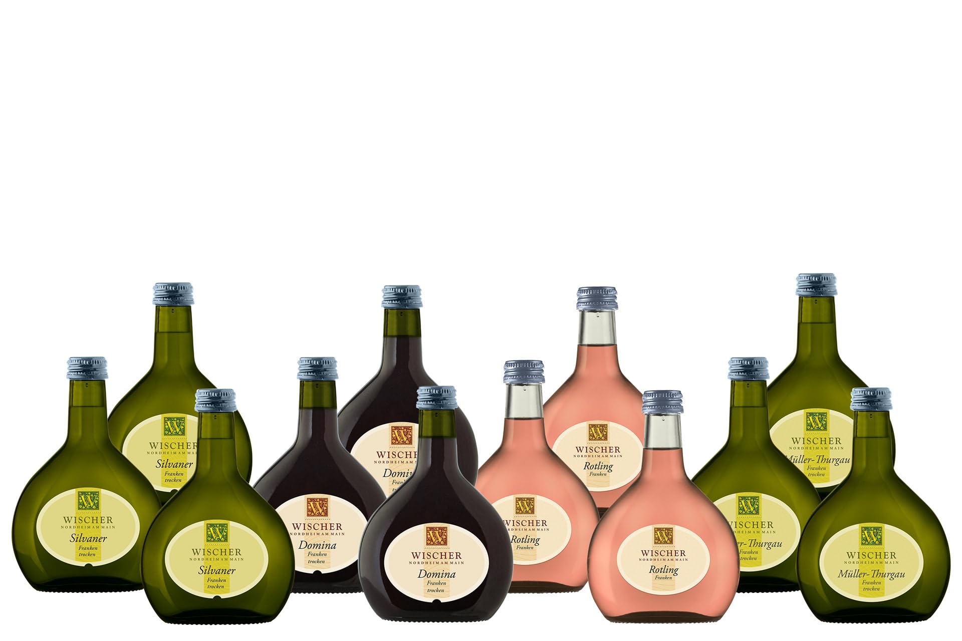 WEIN WISCHER Franken Weinpaket To-Go [12 x 0,25 l] Silvaner, Domina, Rotling, Müller-Thurgau | Frühling [Qualitätswein] Bocksbeutel