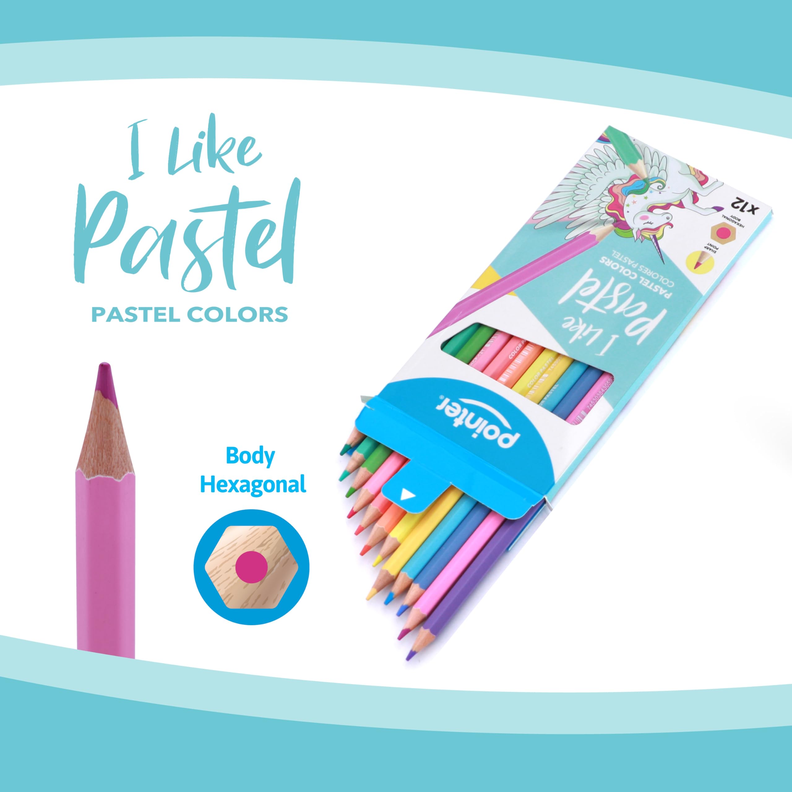 Pointer I Like Pastellfarbstifte, 12 Stück, vorgespitzt, sechseckiger Körper, weiche Pastelltöne, Schul- und Kunstbedarf