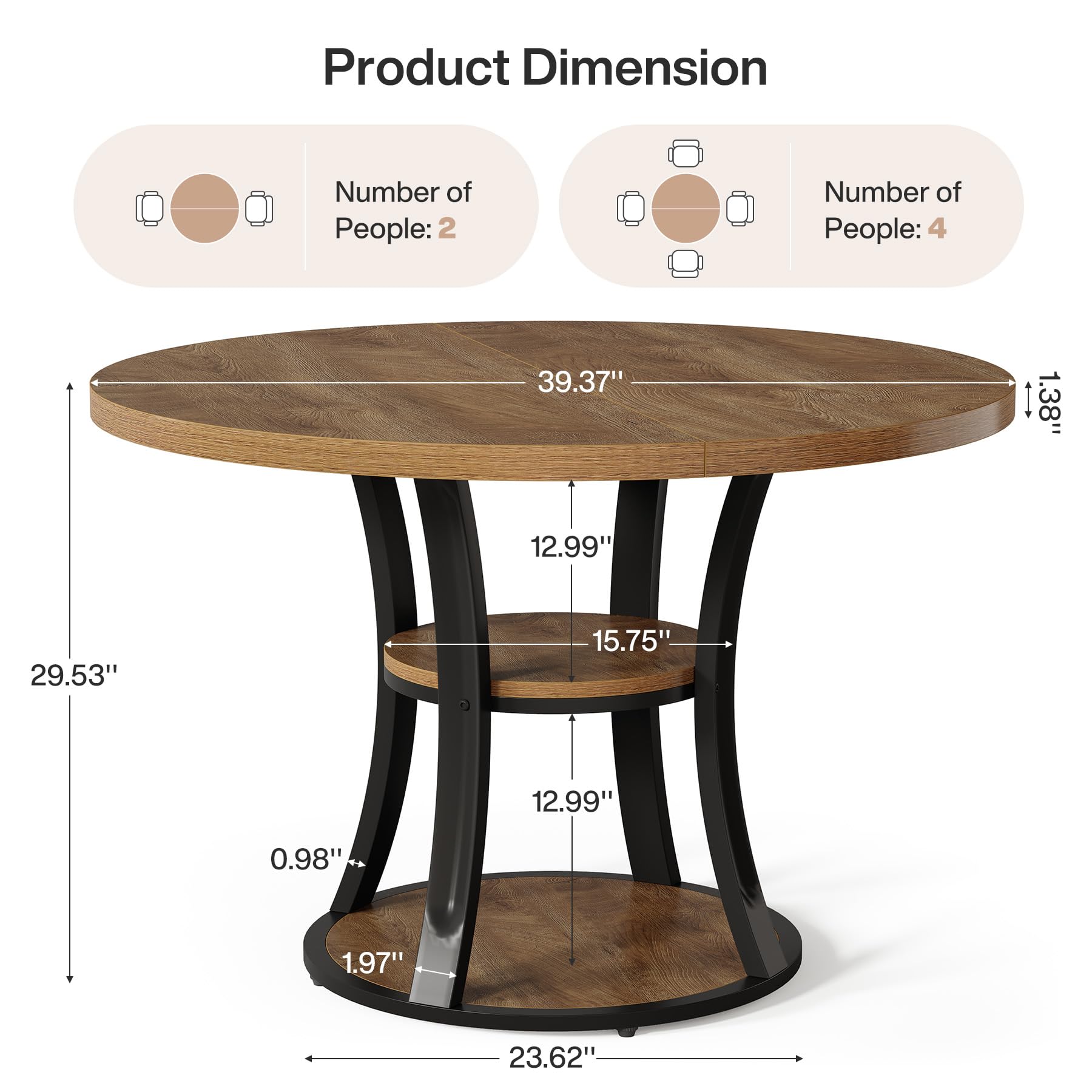 Tribesigns Mesa de reuniones redonda de 100 cm, para 2 a 4 personas, pequeña mesa de conferencias con 2 estantes, base de metal estable, diseño moderno para oficina, oficina en casa y espacios