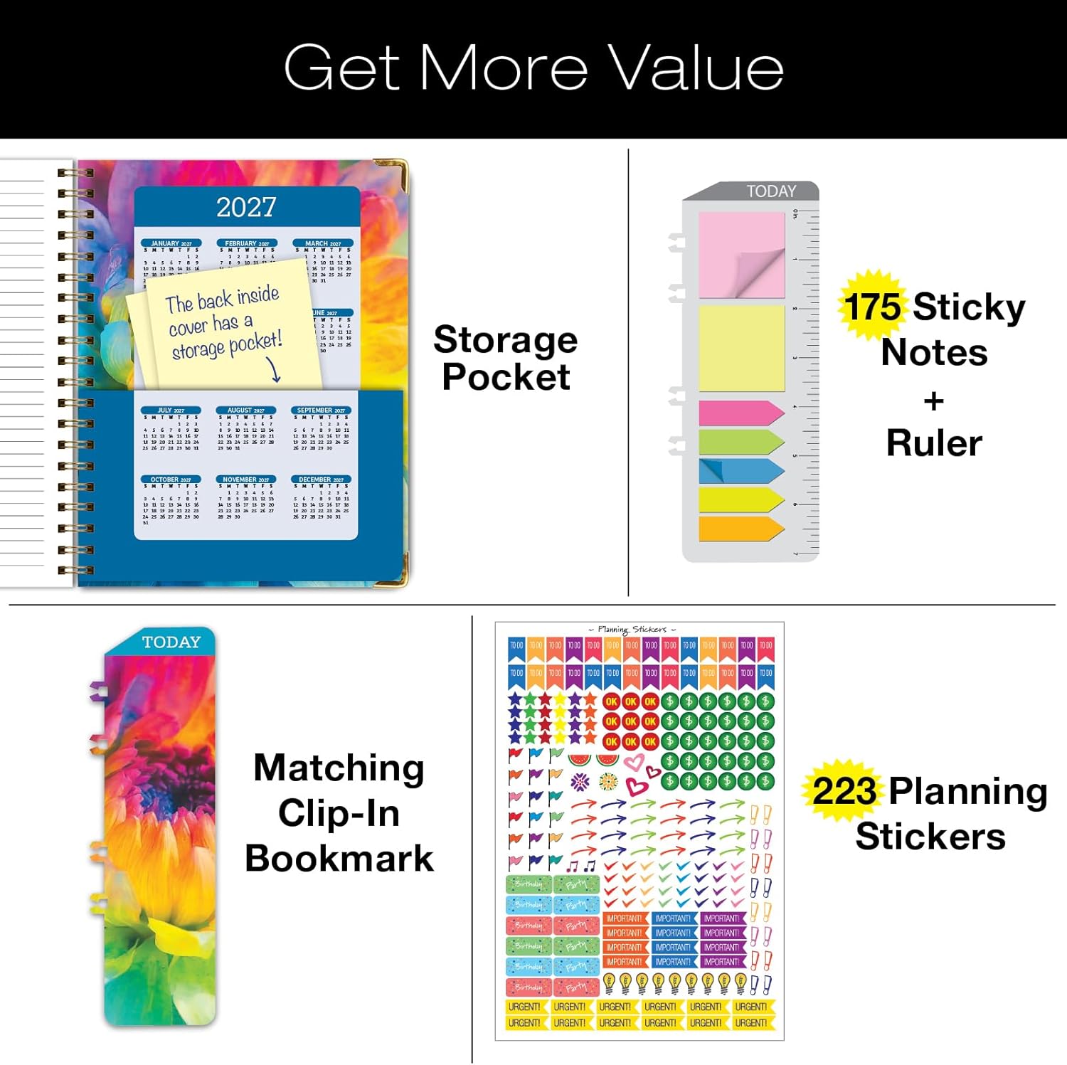 HARDCOVER 2026 Planner, 8.5"x11": 14 Months (November 2025 - December 2026), Daily Weekly Monthly Planner, Yearly Agenda, Bookmark, Pocket Folder and Sticky Note Set (Rainbow Petals)