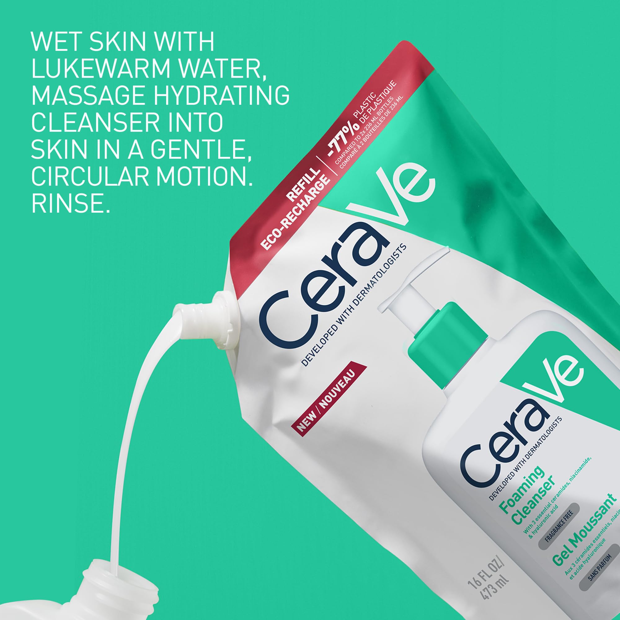 CeraVe Schiuma Detergente, Per Pelli da Normali a Grasse, Adatto a Viso e Corpo, Con Ceramidi Essenziali, Niacinamide e Acido Ialuronico, Confezione Refill, 473 ml
