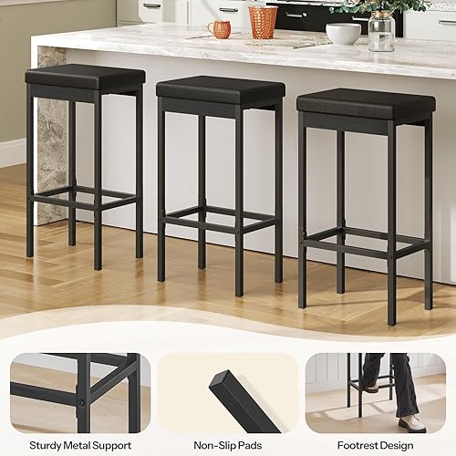 Miniatura 4 de HOOBRO Taburetes de bar, juego de 3 modernas sillas de bar rectangulares negras, 24.8 pulgadas de altura, asiento tapizado de 2 pulgadas de grosor