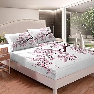 Cherry Blossoms Fitted Sheet Japanese Style Bedding Set for Kids Girls Children Chic Pink Floral Flowers Bed Sheet Set Tree Branches Room Decor Full Size 3Pcs
