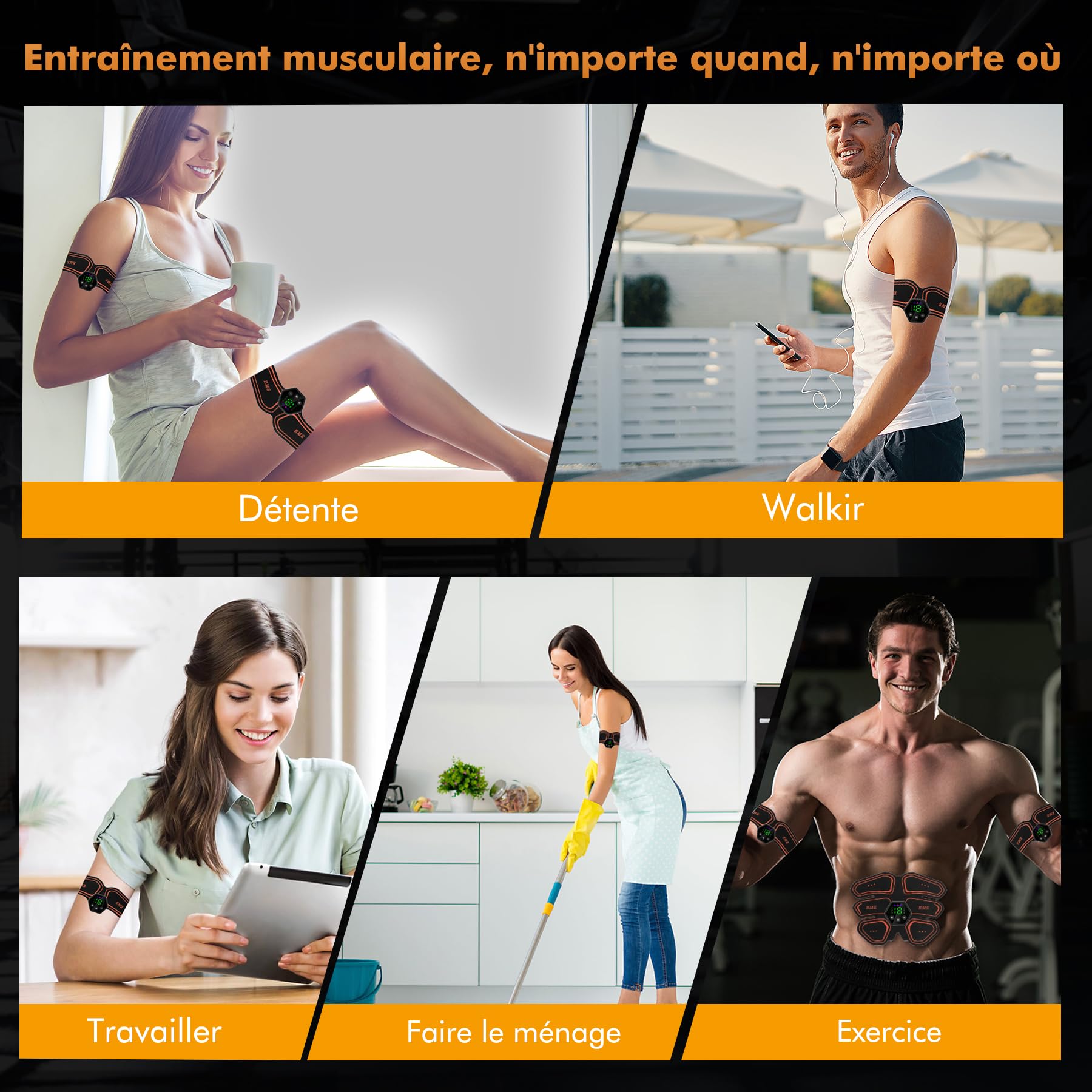 Electrostimulateur Musculaire, Abdos Musculation Appareil, 6 Modes et 19 Intensités Ceinture Musculation Electrostimulation, pour Abdos/Bras/Jambes/Fesses,Homme Femme