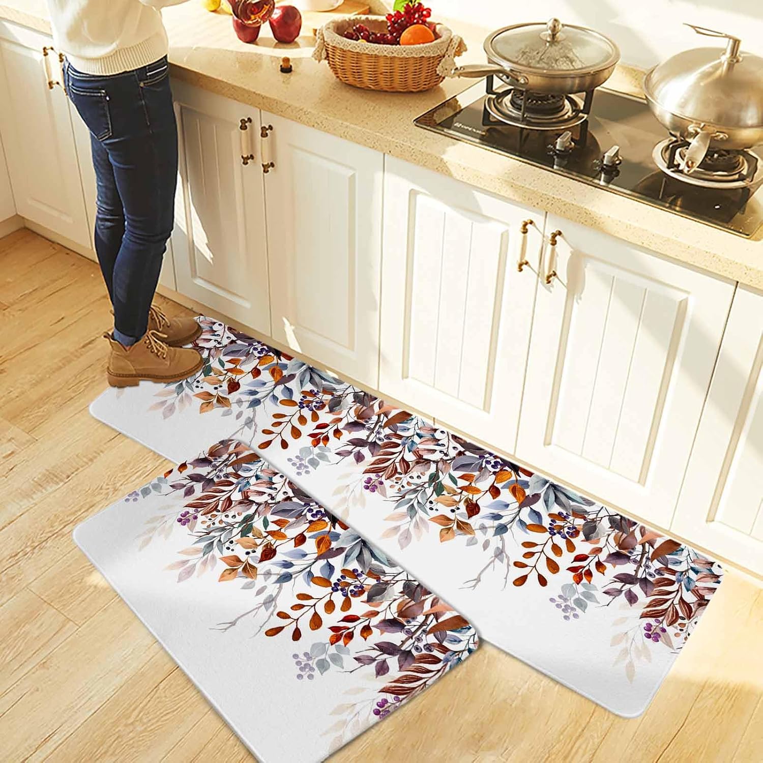 Brown Eucalyptus Leaves Kitchen Rugs and Mats Set of 2, Non-Slip Kitchen Sink Mat, Summer Botanical Watercolor Leaf Washable Doormat Bathroom Rugs Runner for Bedroom/Living Room 19.7"x31.5"+19.7"x63"