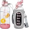 2 L Sports Water Bottle Glass Bottle with Straw and Time Marking Leak-Proof BPA-Free 2 Litres Large Water Bottle Motivation with Protective Cover Suitable for Smoothie Fruits Carbonated
