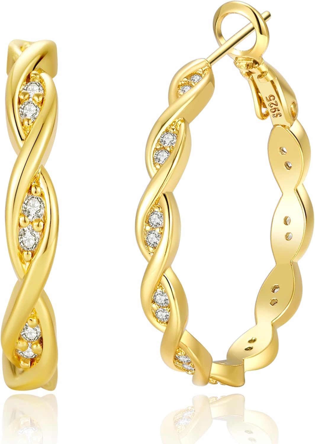 RANKEEF Large Twisted Hoop Earrings for Women with Shiny Cubic Zirconia Hypoallergenic 925 Sterling Silver Post Forever Love Hoops Trendy 3D Laser-Cut Sturdy Lightweight Big Twisted Gold Hoops