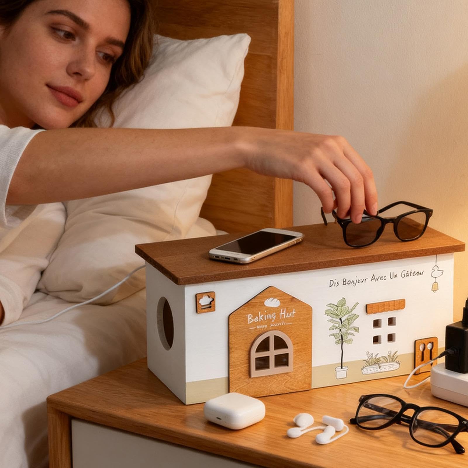 Organizzatore Cavi Cestini Design Casetta In Legno | Contenitore per Cavi di Ricarica Per Cavi Elettrici Casa Ufficio Artigianato Elettronica Garage Telefono TV Viaggio
