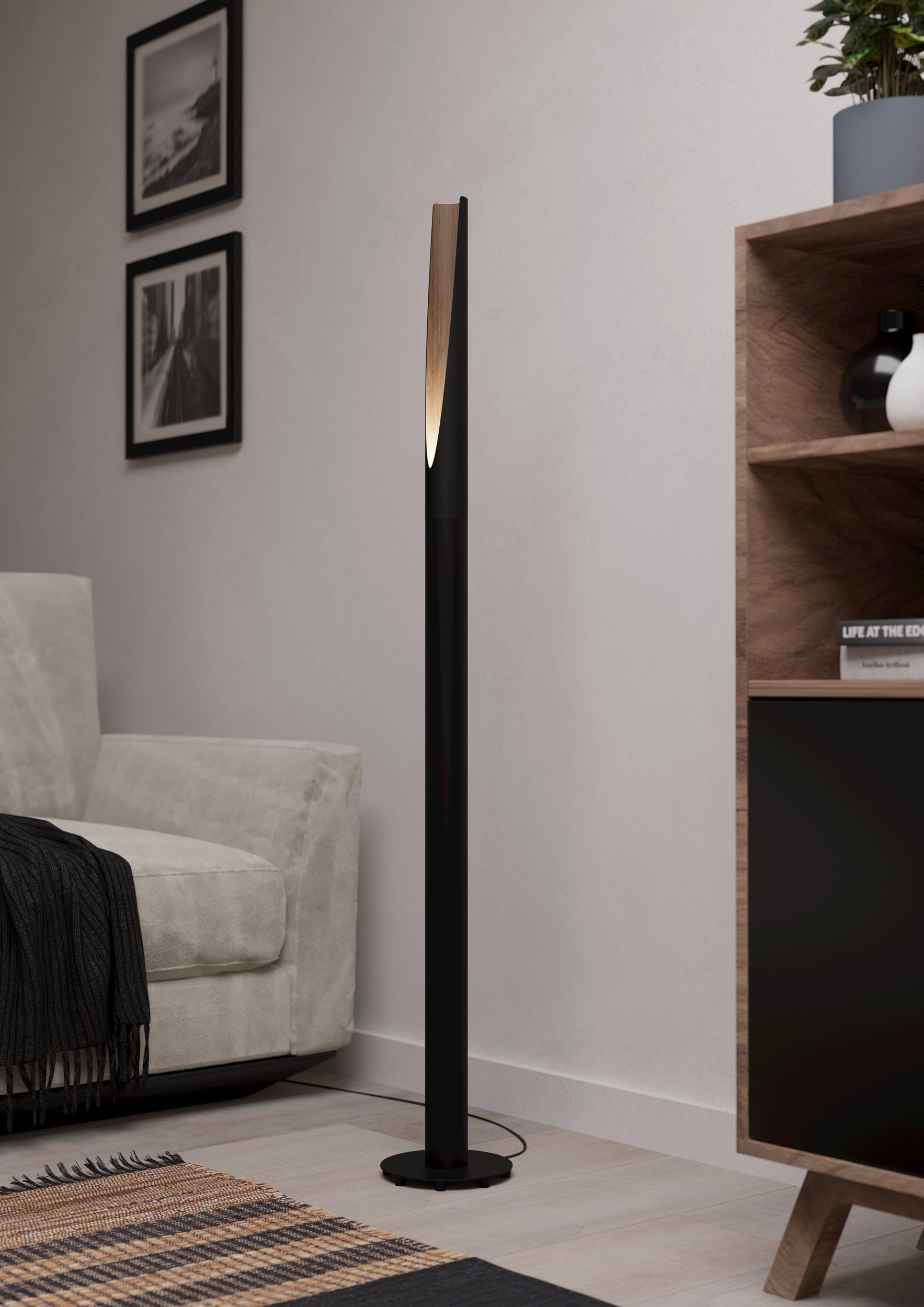 EGLO LED Barbotto Lámpara de pie elegante, lámpara esquinera, de pie | de acero negro y madera natural, lámpara para salón, blanco cálido, 137 cm