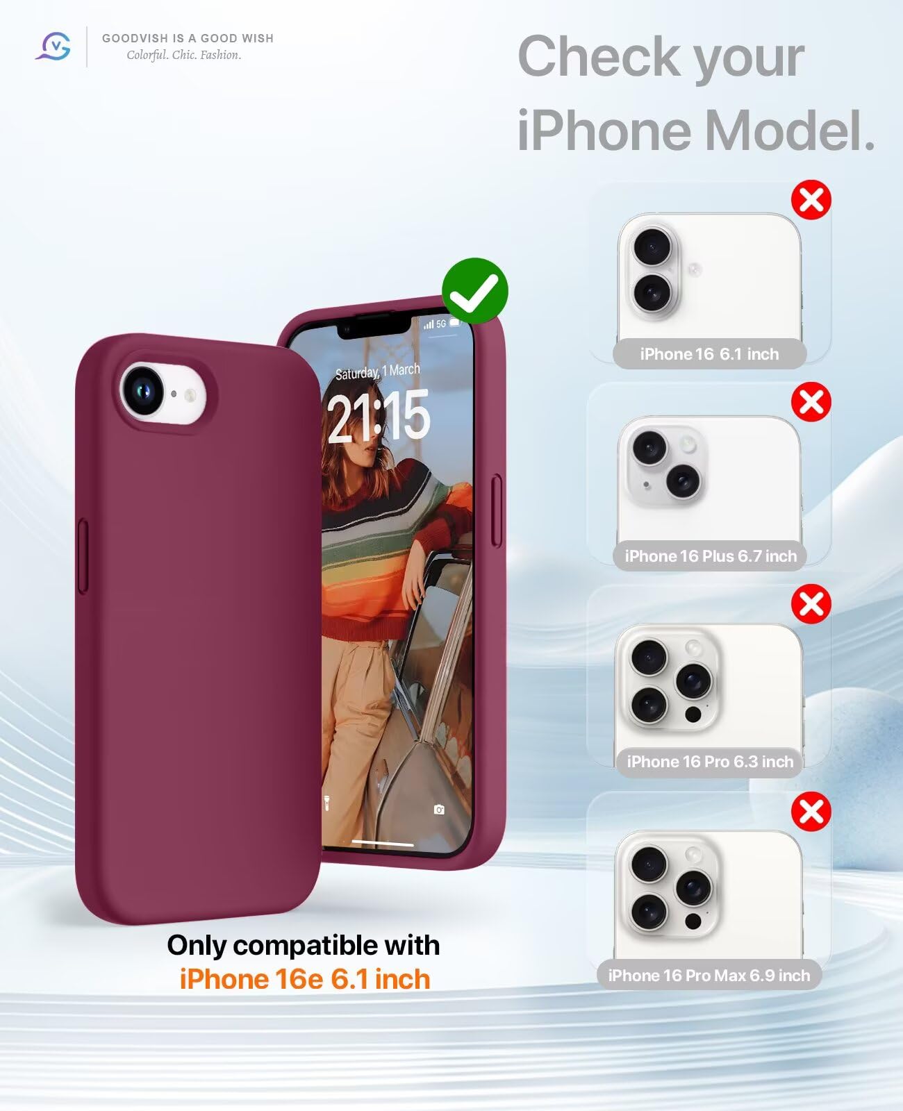 GOODVISH 3 in 1 Silicone Cover per iPhone 16e 6.1", Custodia con 2 Pellicola Vetro Temperato [Protezione Fotocamera] Protezione Anticaduta Case per Cellulare Antiurto Resistente, Vino Rosso
